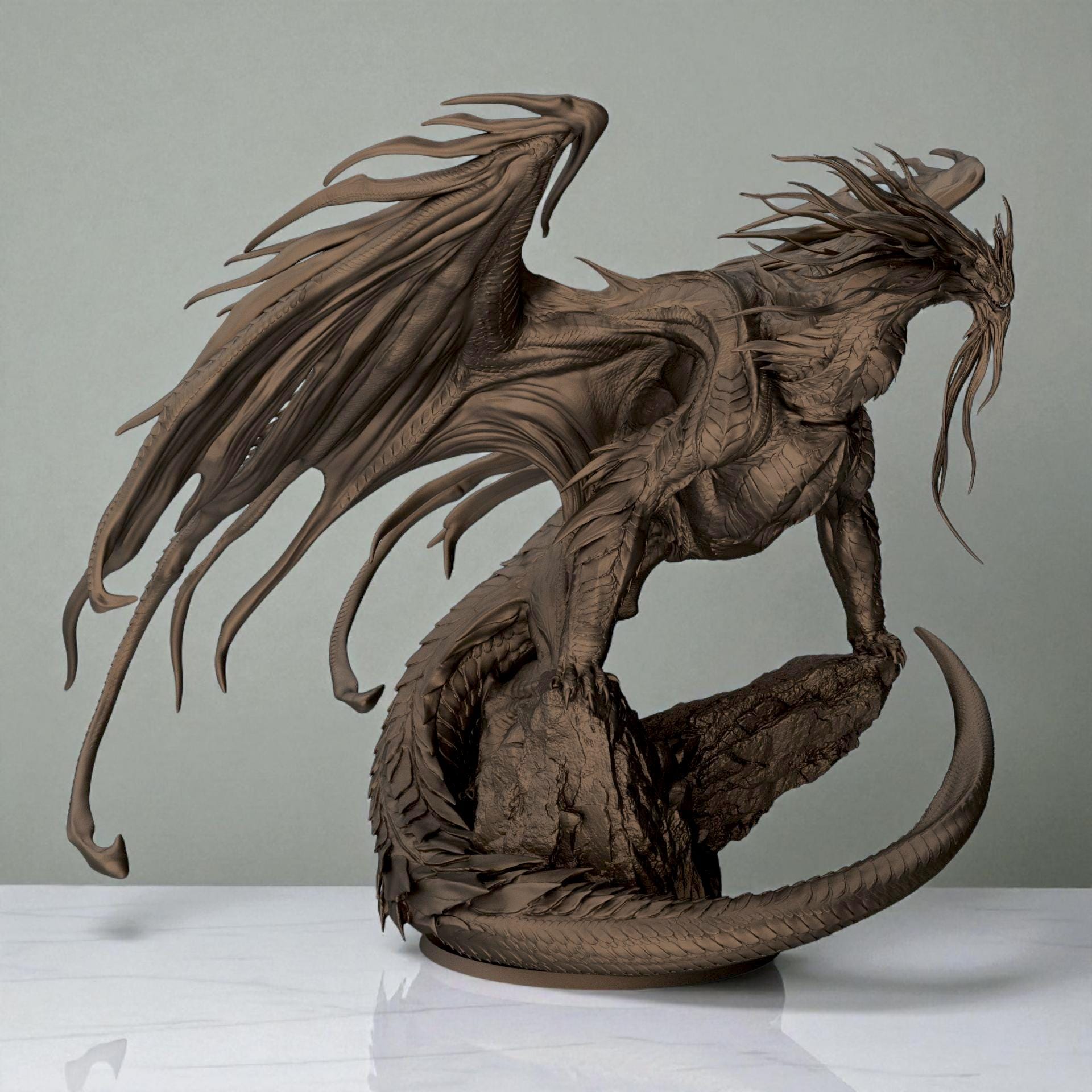 3D-printed Dragon Bahamut figurine featuring an awe-inspiring mythical dragon perched on a rocky base. The sculpture showcases flowing wing membranes, sharp scales, and a dynamic pose that radiates strength and majesty — a centerpiece piece for fantasy collectors and dragon enthusiasts alike.