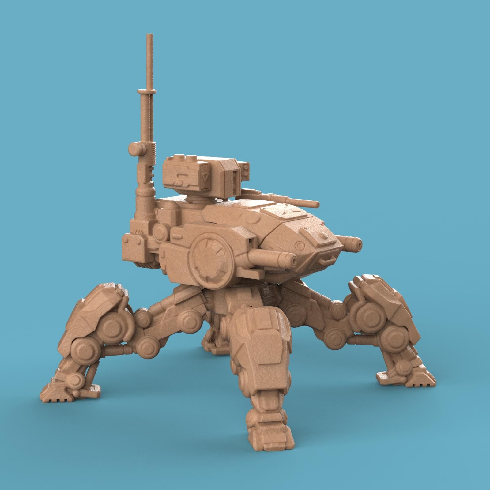 3D-printed Jabal Mech Assault Walker featuring four armored legs, heavy cannons, and radar unit. A detailed futuristic war machine miniature, perfect for tabletop gaming, collectors, and display.