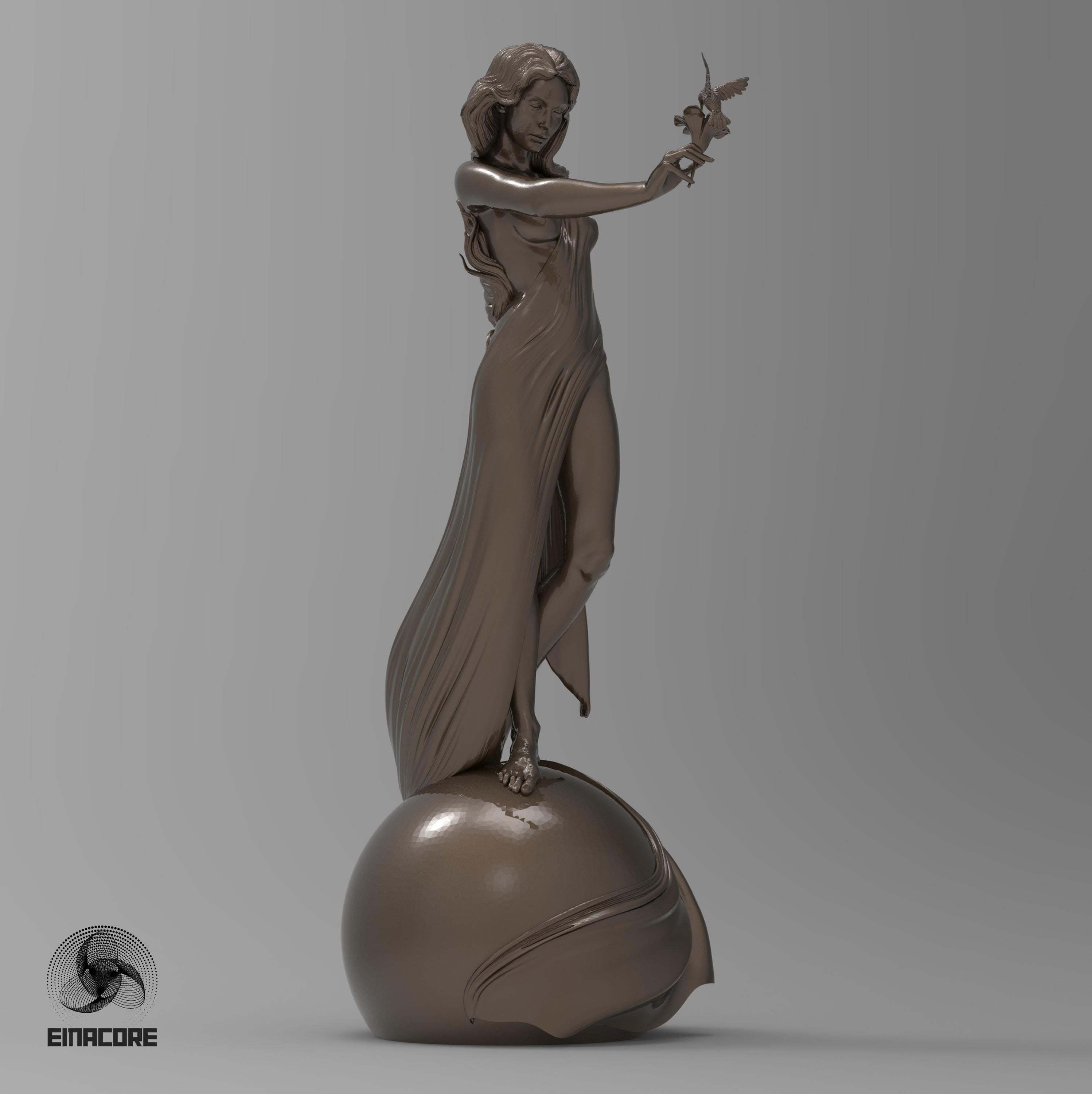 Statue of Eirene, the Goddess of Peace, featuring a serene woman with flowing hair, holding a dove. She stands gracefully on a spherical base, symbolizing harmony and balance.