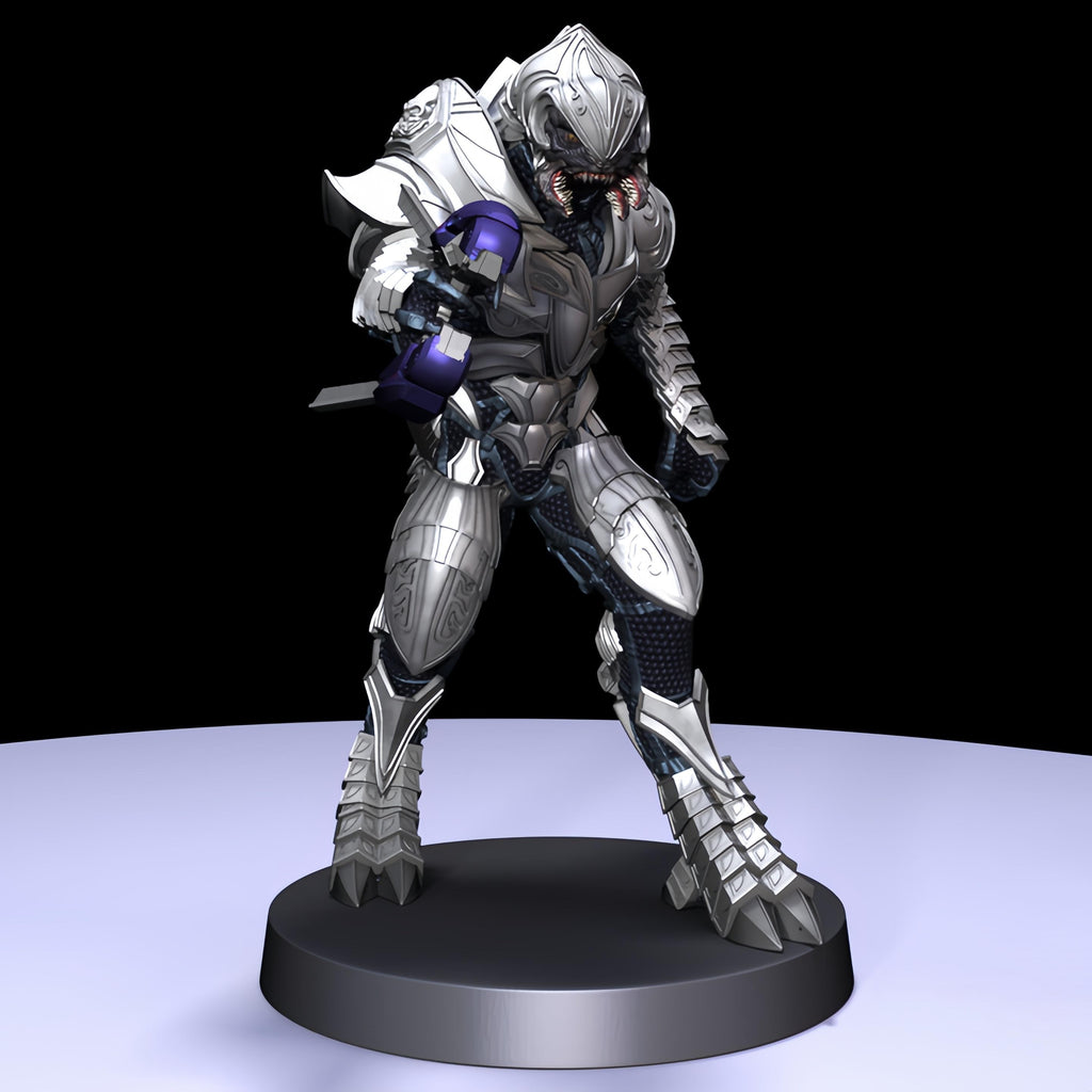 Arbiter miniatures in silver armor with blue details, posed dynamically with an energy sword or plasma rifle. Intricate sculpting captures the iconic Sangheili warrior, perfect for collectors and tabletop games.