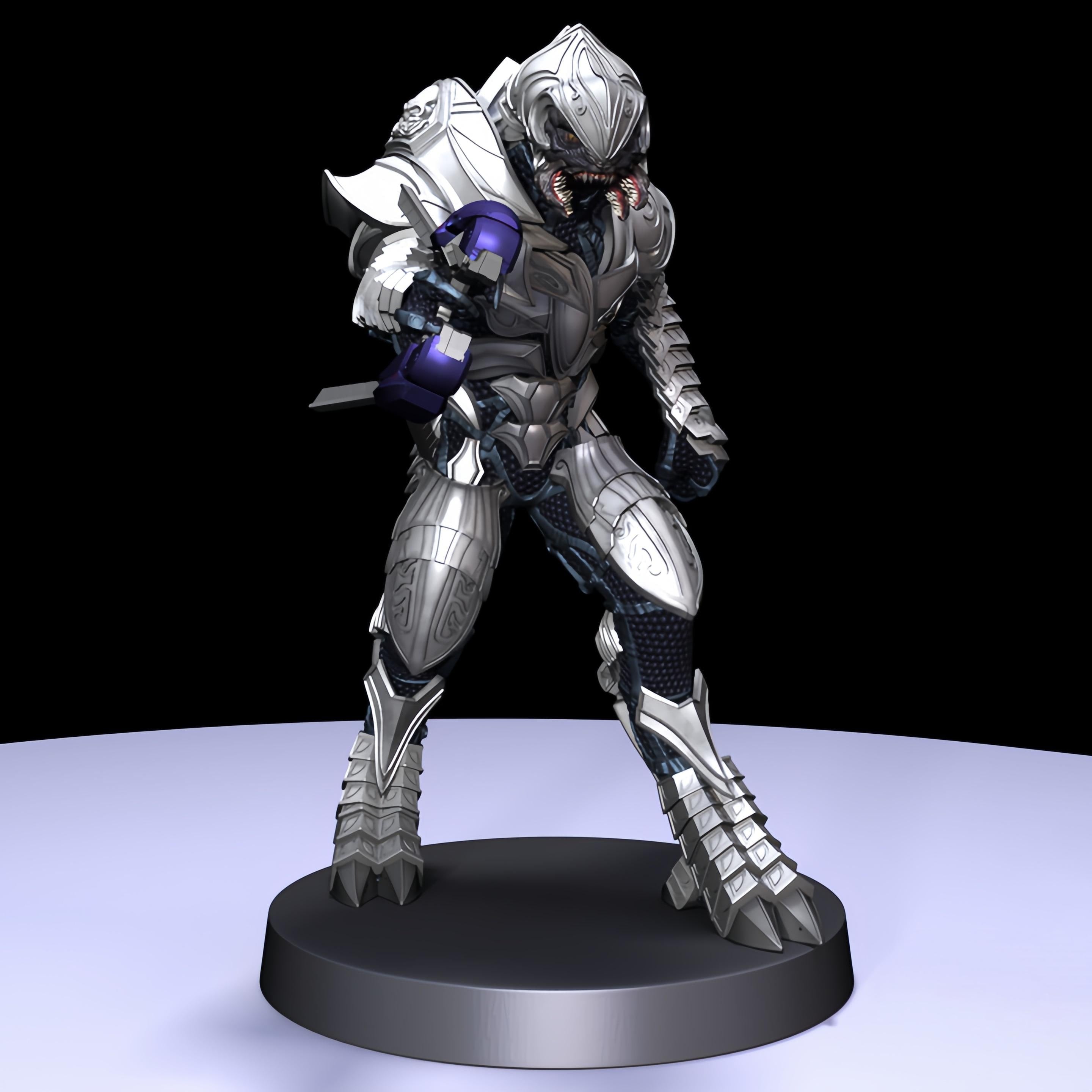 Arbiter miniatures in silver armor with blue details, posed dynamically with an energy sword or plasma rifle. Intricate sculpting captures the iconic Sangheili warrior, perfect for collectors and tabletop games.