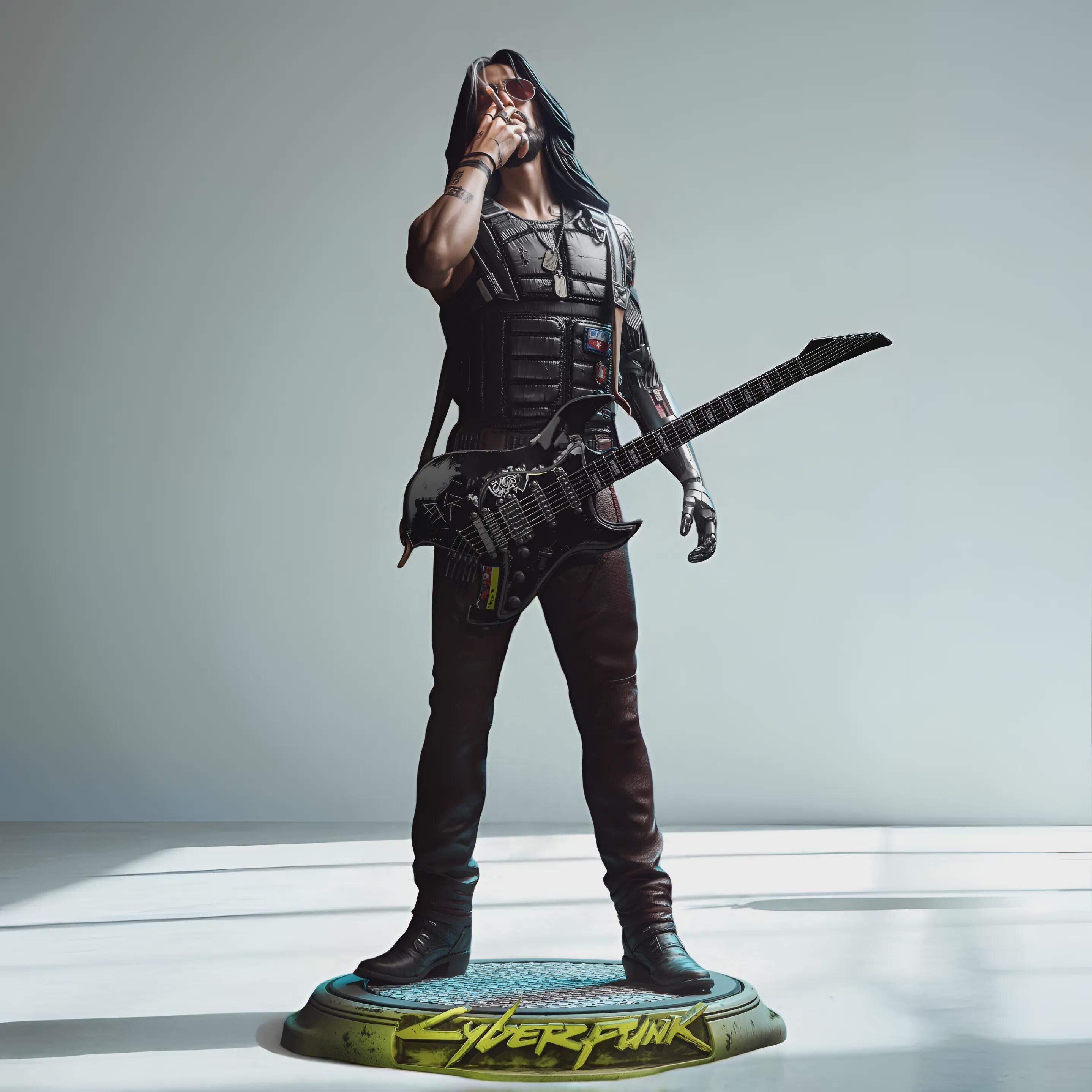 Highly detailed Johnny collectible statue inspired by Cyberpunk, featuring the iconic rocker with cybernetic arm, tactical vest, and electric guitar slung across his body. Posed mid-smoke on a stylized base. Available in full color, gold, silver, bronze, Stone Gray, Walnut finishes for striking display options.