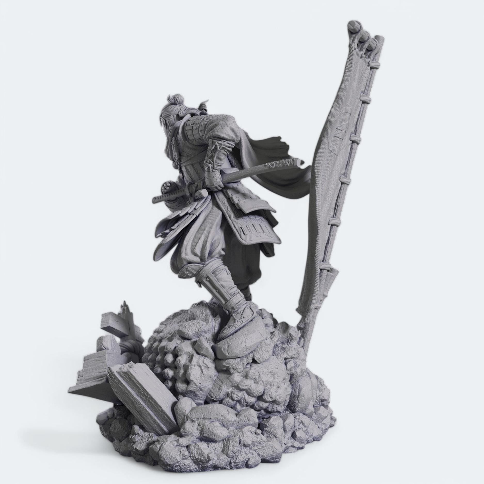 Jin Sakai from Ghost of Tsushima in a dynamic pose, gripping his katana. He wears samurai armor with a flowing scarf and a battle-worn flag behind him. The base features broken structures and rocks, symbolizing the fallen Shogunate era.