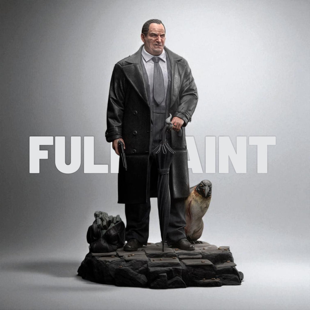 3D-printed figurine of The Penguin Man standing on a textured stone base, holding an umbrella and a gun, with two penguins by his side. The sculpture showcases detailed clothing folds and facial expression, making it ideal for collectors of cinematic or villain-inspired art pieces.