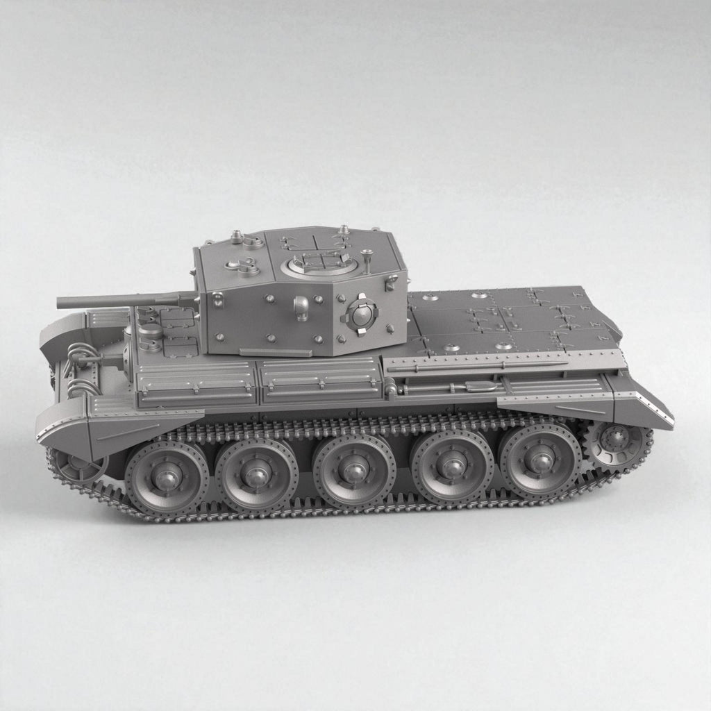 3D model of the British Cruiser Mk IV tank, featuring detailed armor plating, riveted turret, and six road wheels per side, shown in both matte dark and metallic silver finishes.