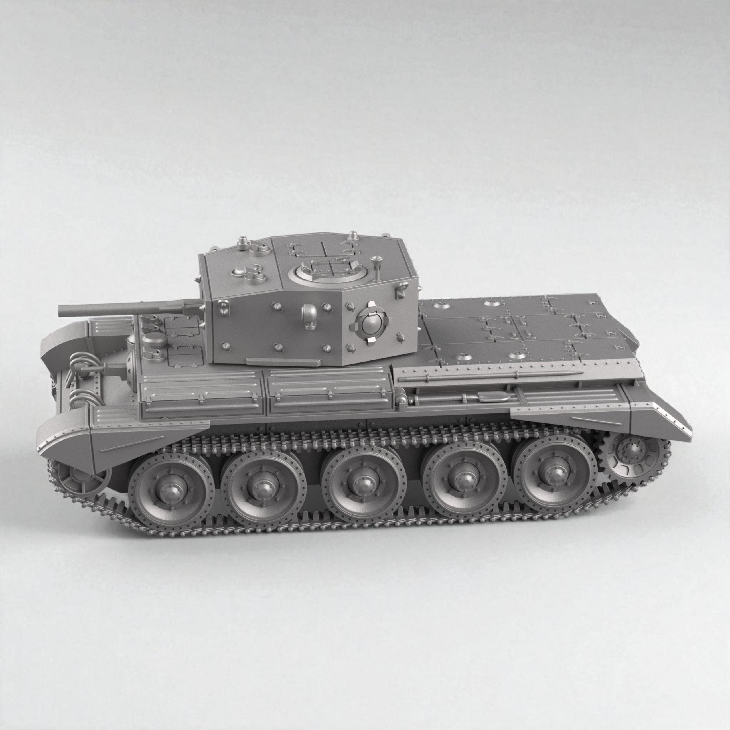 3D model of the British Cruiser Mk IV tank, featuring detailed armor plating, riveted turret, and six road wheels per side, shown in both matte dark and metallic silver finishes.