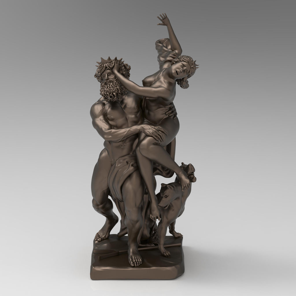 A detailed 3D sculpture of &quot;The Rape of Proserpina,&quot; depicting Pluto forcefully abducting Proserpina. The dramatic pose captures movement, with Proserpina reaching out in distress, Pluto gripping her firmly, and Cerberus at their feet.