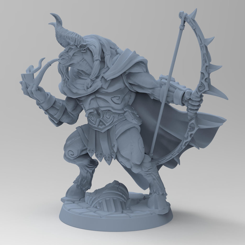 Arkos, the horned archer, strikes a pose with his ornate bow in one hand and a pipe in the other. Clad in ancient armor with a flowing cape, he stands over a broken helm, exuding calm dominance and mythic strength. A perfect fantasy tabletop hero.