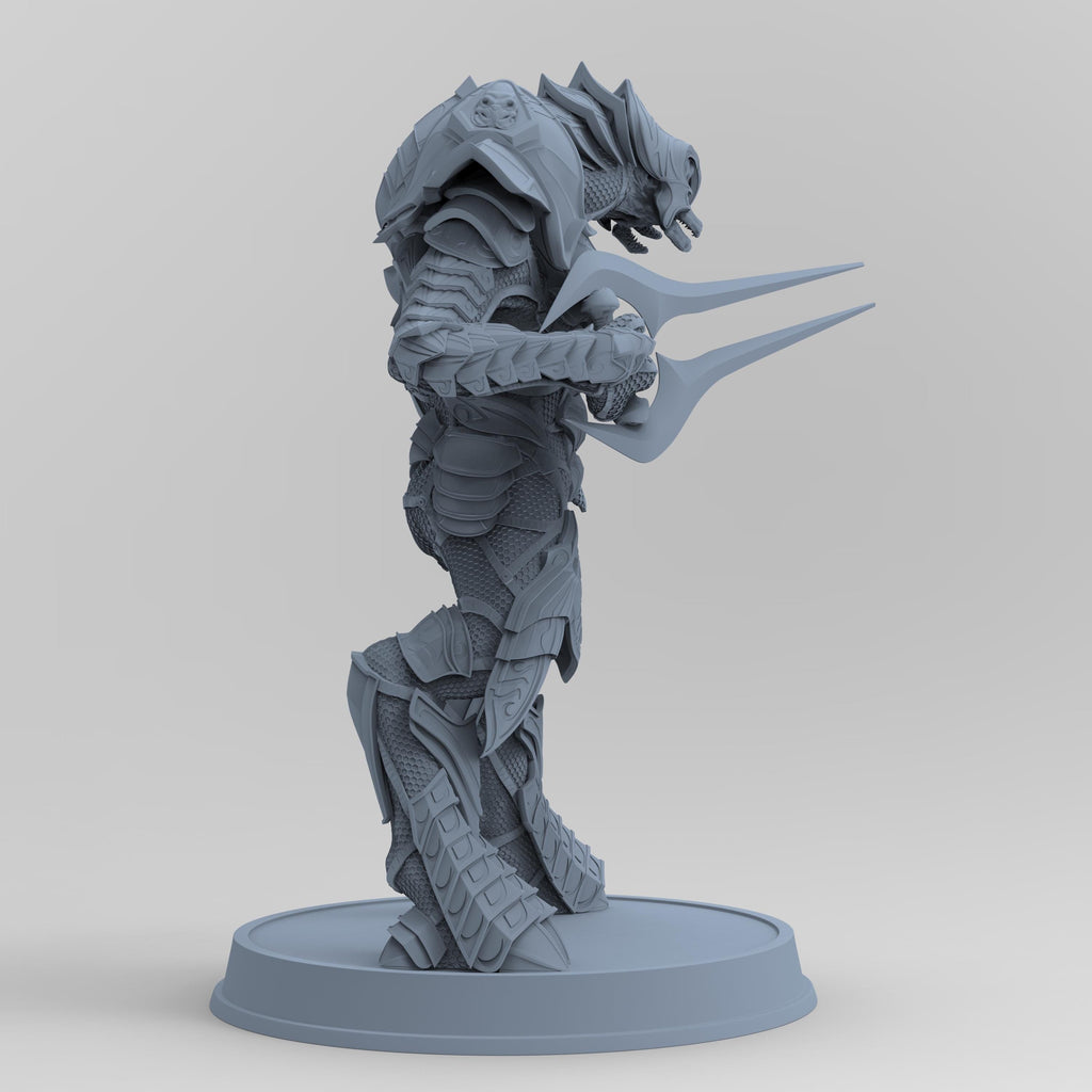 Unpainted Arbiter figurine, showcasing intricate armor and weapon details, standing on a round base, highlighting its alien design and dynamic pose.