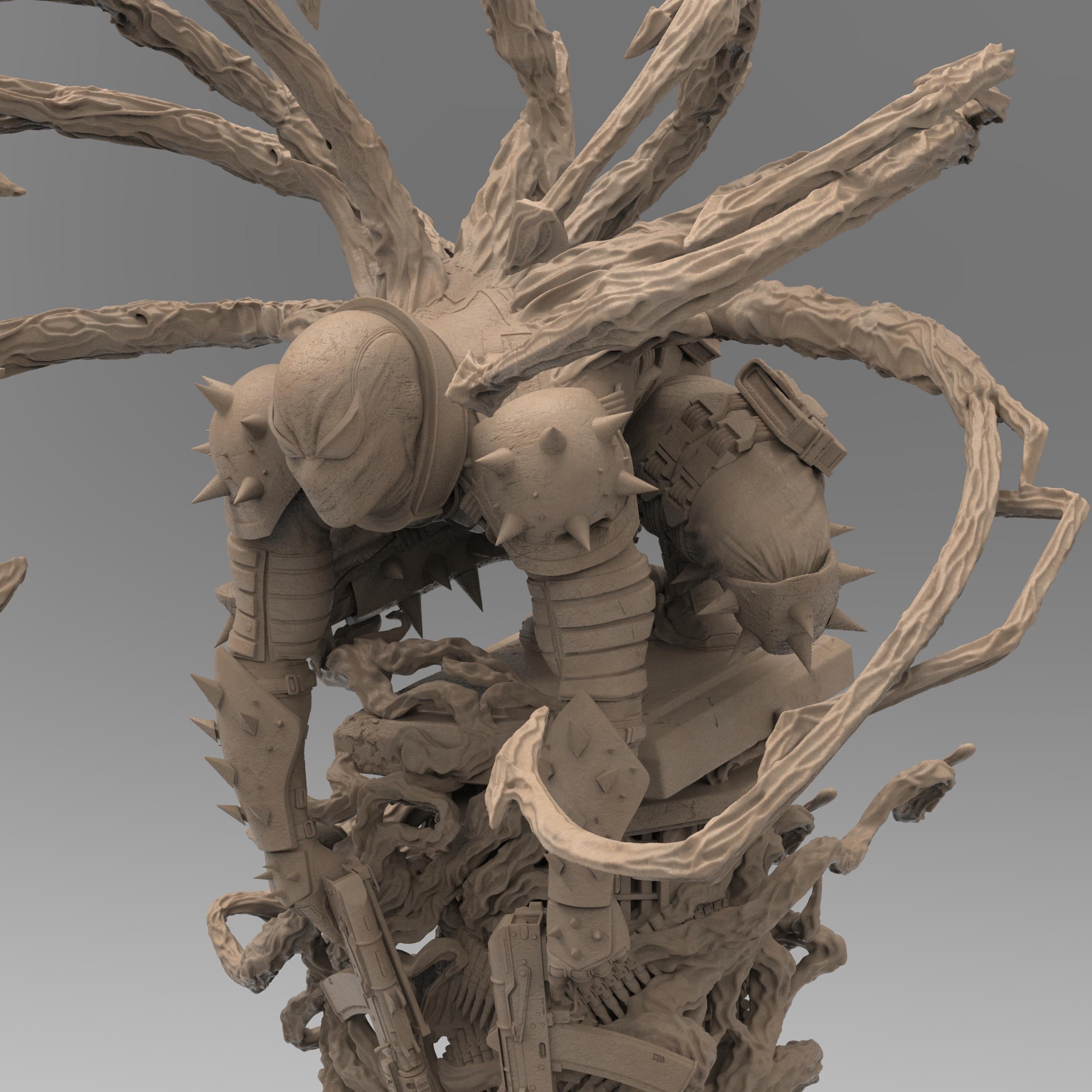 A detailed statue of Venom Agent, posed menacingly atop a chaotic, textured base filled with weaponry and skeletal remains. The figure is covered in spiked armor, with tendrils extending from the back, creating a dynamic and powerful stance.