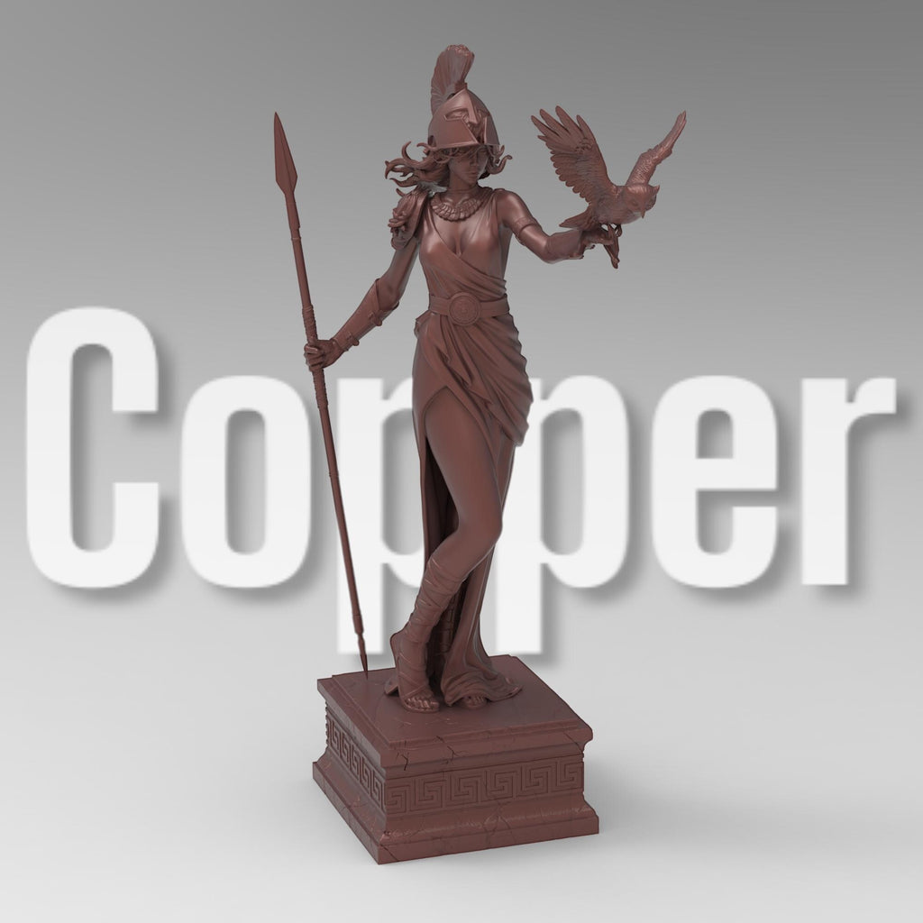 Statue of Athena, the Greek goddess of wisdom, featuring a detailed helmet, flowing robe, spear, and an owl perched on her arm, standing gracefully on a decorative pedestal.