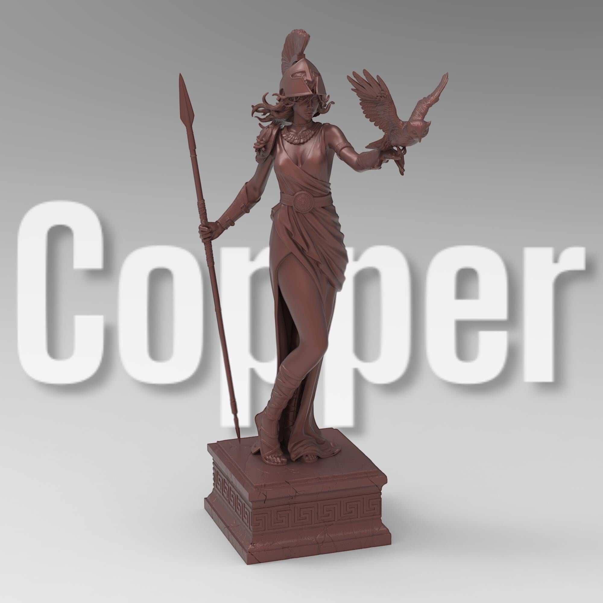 Statue of Athena, the Greek goddess of wisdom, featuring a detailed helmet, flowing robe, spear, and an owl perched on her arm, standing gracefully on a decorative pedestal.