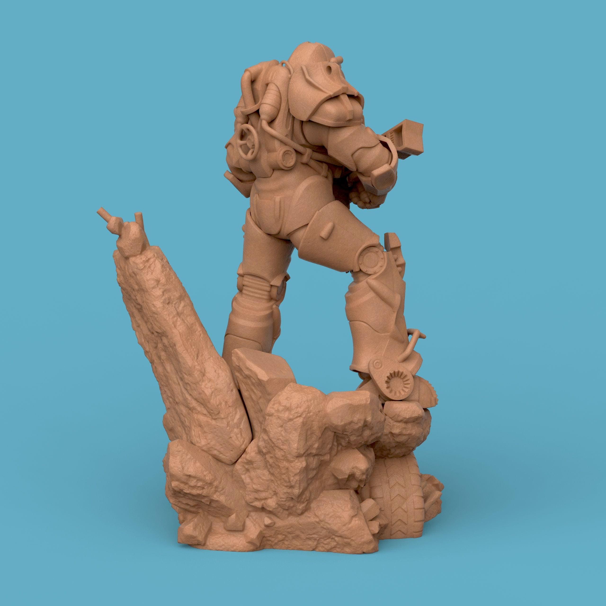 3D-printed T-60 Power Armor figurine featuring a heavily armored soldier standing on a rocky base. The detailed design showcases metallic plating, mechanical joints, and a futuristic energy weapon — a perfect collectible for sci-fi fans and post-apocalyptic enthusiasts.