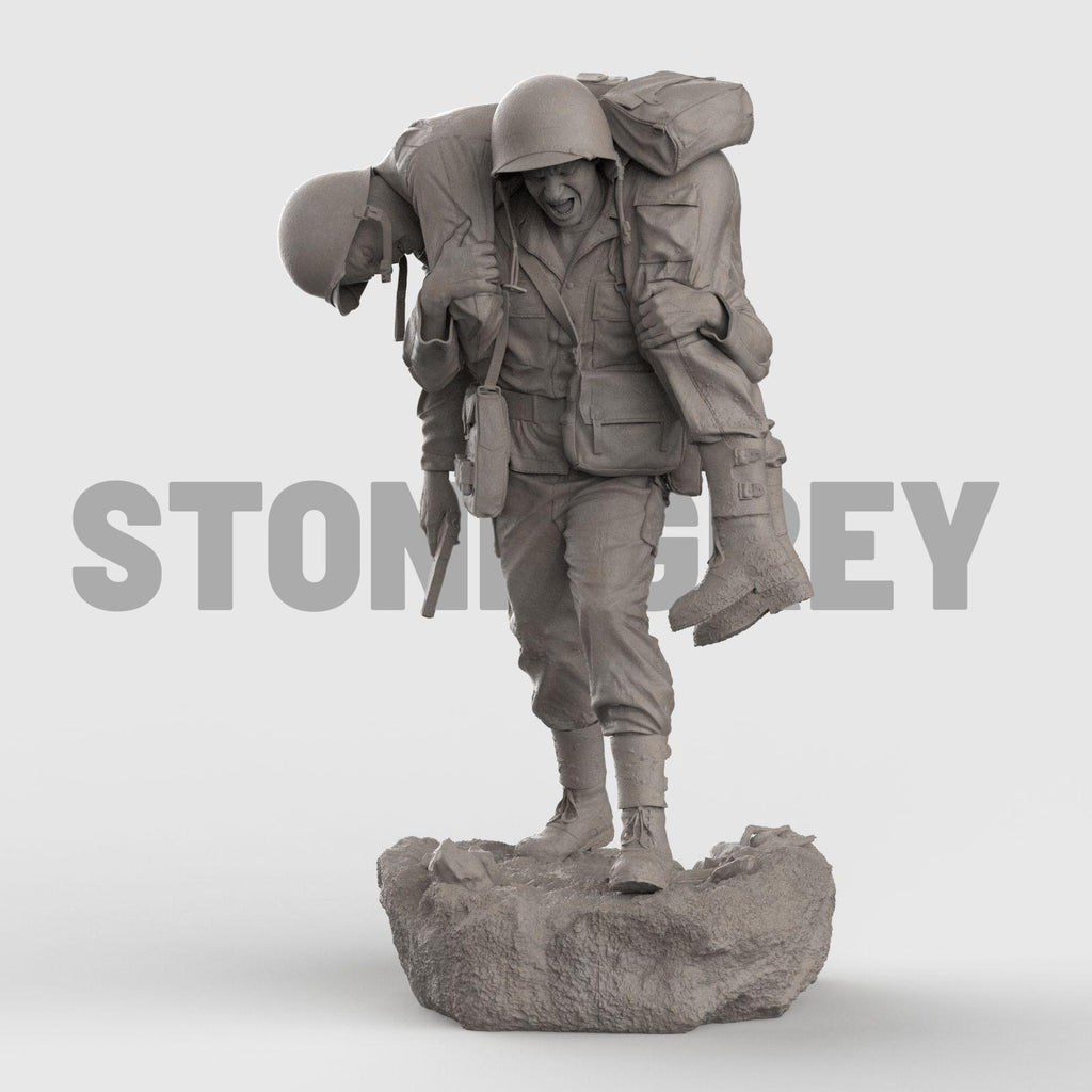 Detailed 3D-printed statue of a WWII soldier carrying a wounded comrade on his back, symbolizing courage, sacrifice, and brotherhood in battle. The figure is set on a rocky base, capturing raw emotion and heroic realism.