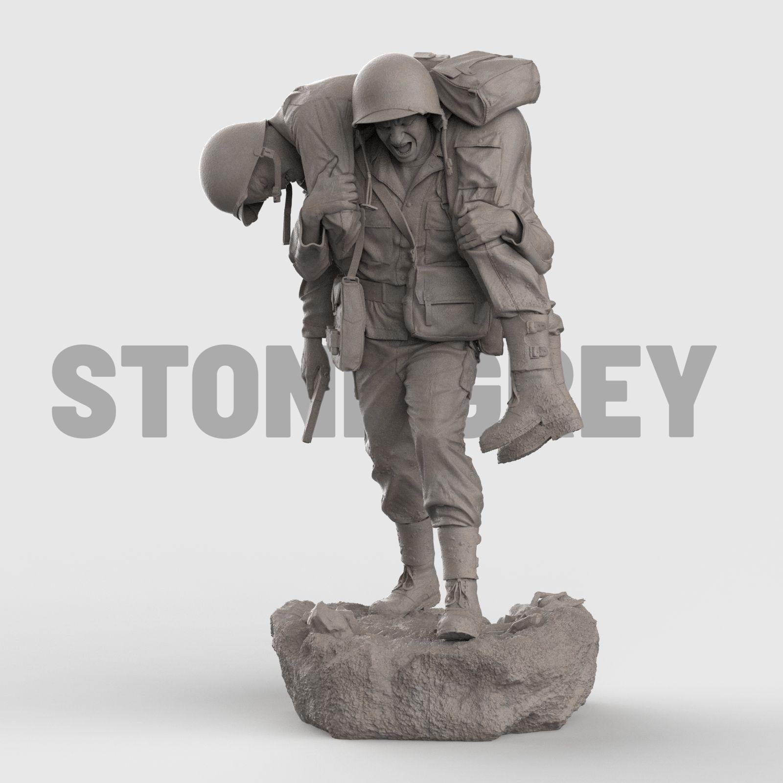 Detailed 3D-printed statue of a WWII soldier carrying a wounded comrade on his back, symbolizing courage, sacrifice, and brotherhood in battle. The figure is set on a rocky base, capturing raw emotion and heroic realism.