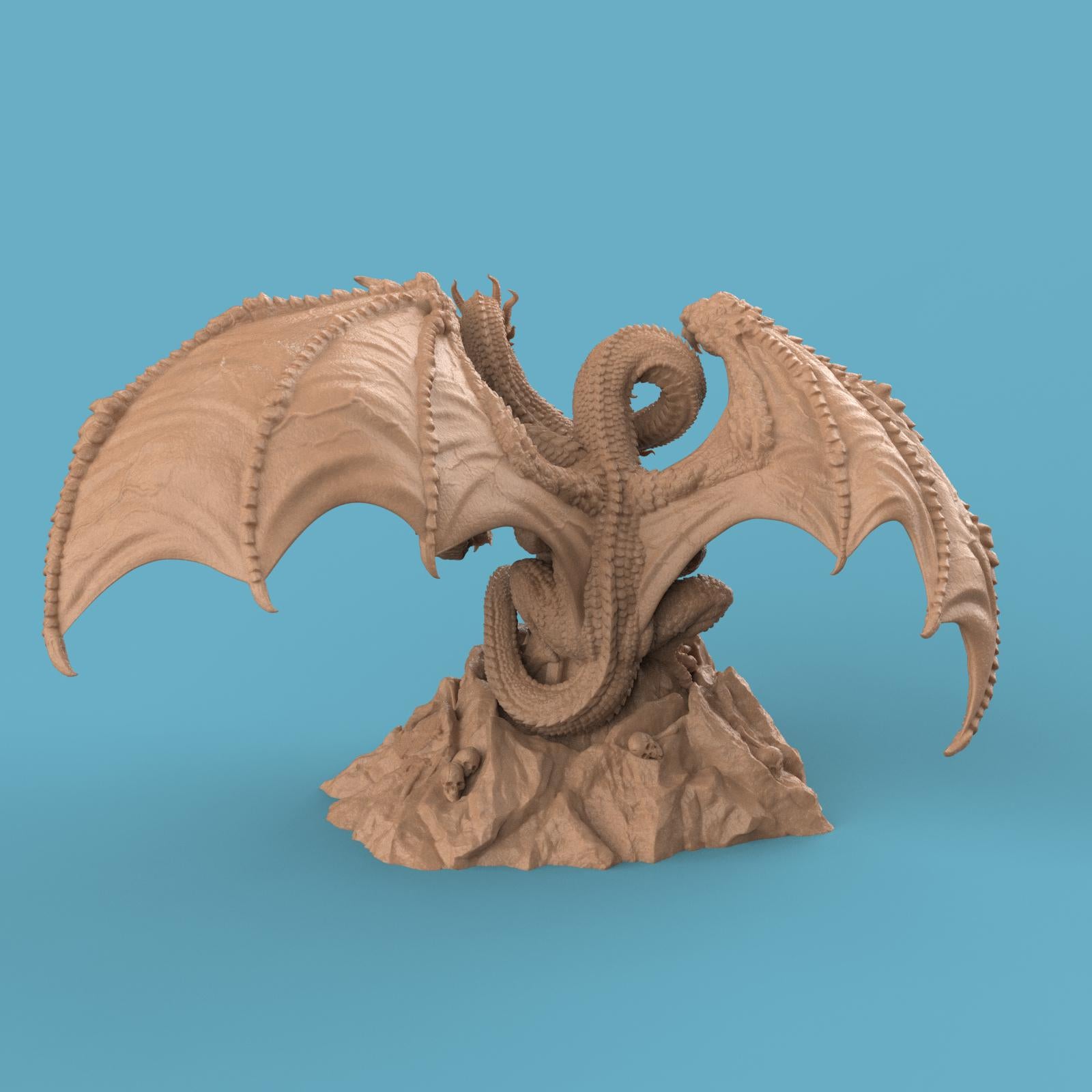 3D-printed Tridracarys Sovereign Dragon miniature featuring a three-headed dragon perched atop jagged rocks, wings spread wide and scales intricately detailed. A striking fantasy centerpiece for tabletop gaming or display.