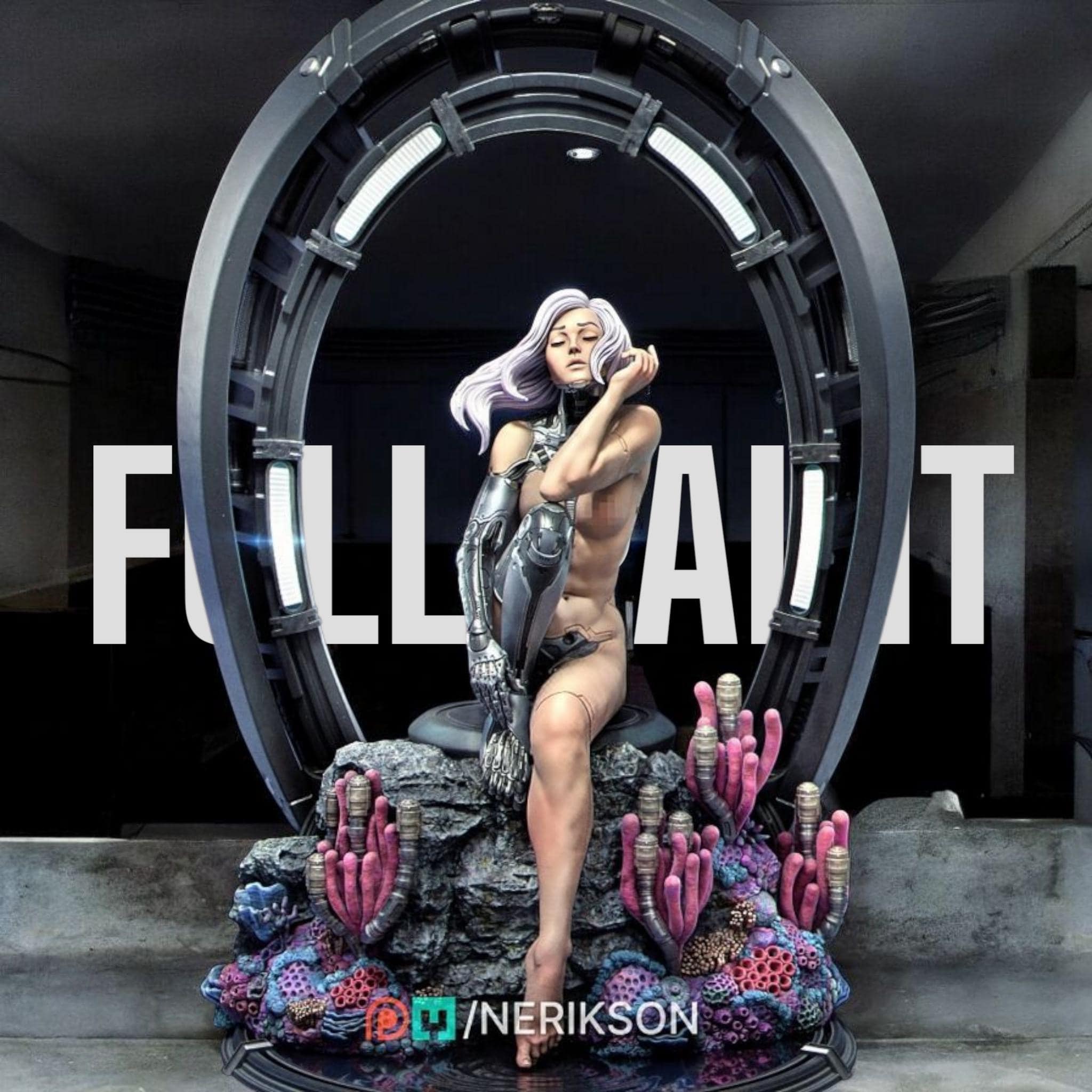 A bold fusion of humanity and machine, My Identity captures the vulnerability and strength of a cybernetic woman in serene reflection. Surrounded by coral and framed in tech, this evocative piece explores self-discovery, transformation, and the line between organic and artificial life.