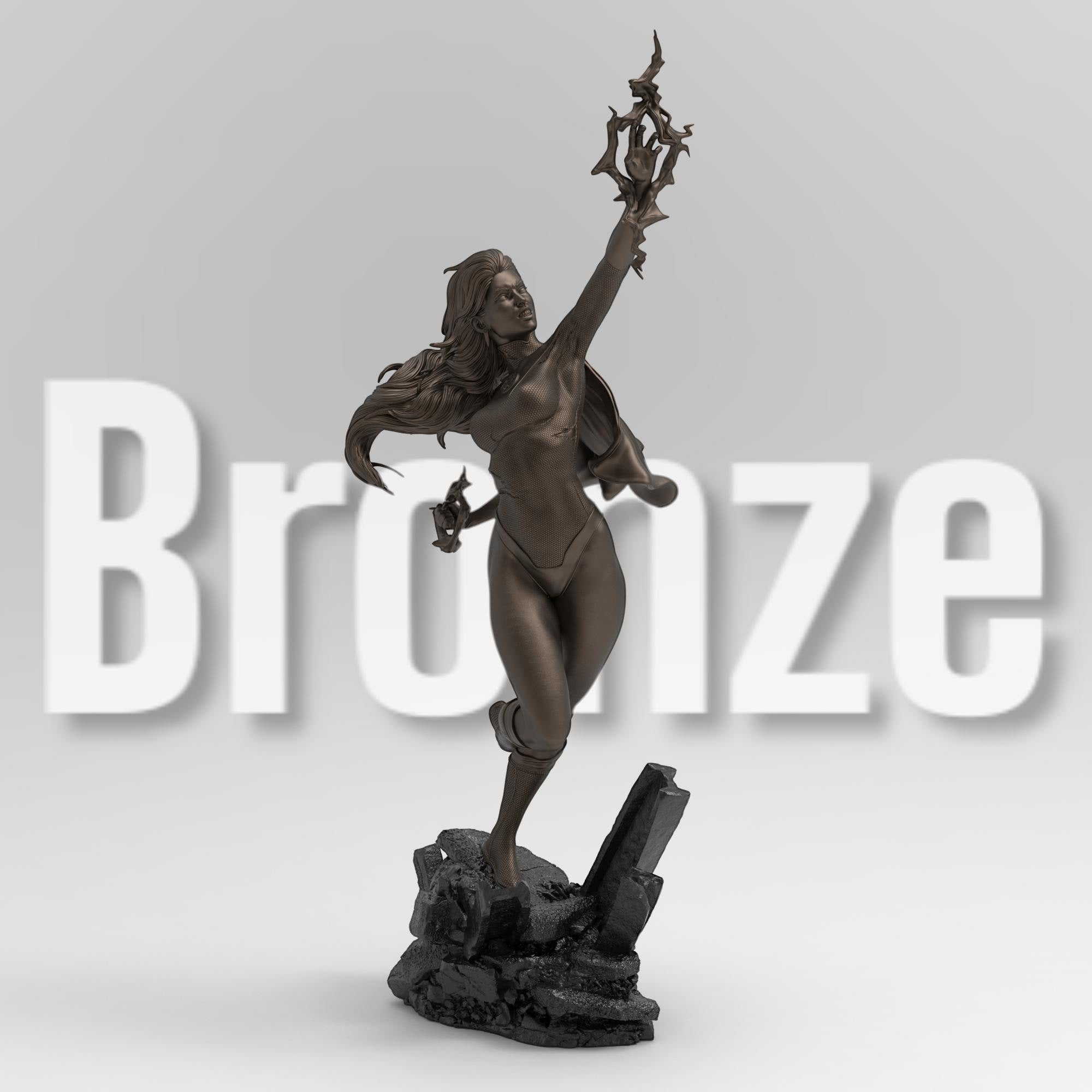 3D-printed statue of Kaira Nova in a dynamic pose, levitating over rocky debris with energy constructs forming around her hands. Detailed sculpt with flowing hair, a cape, and a confident expression, capturing her iconic superhero stance.