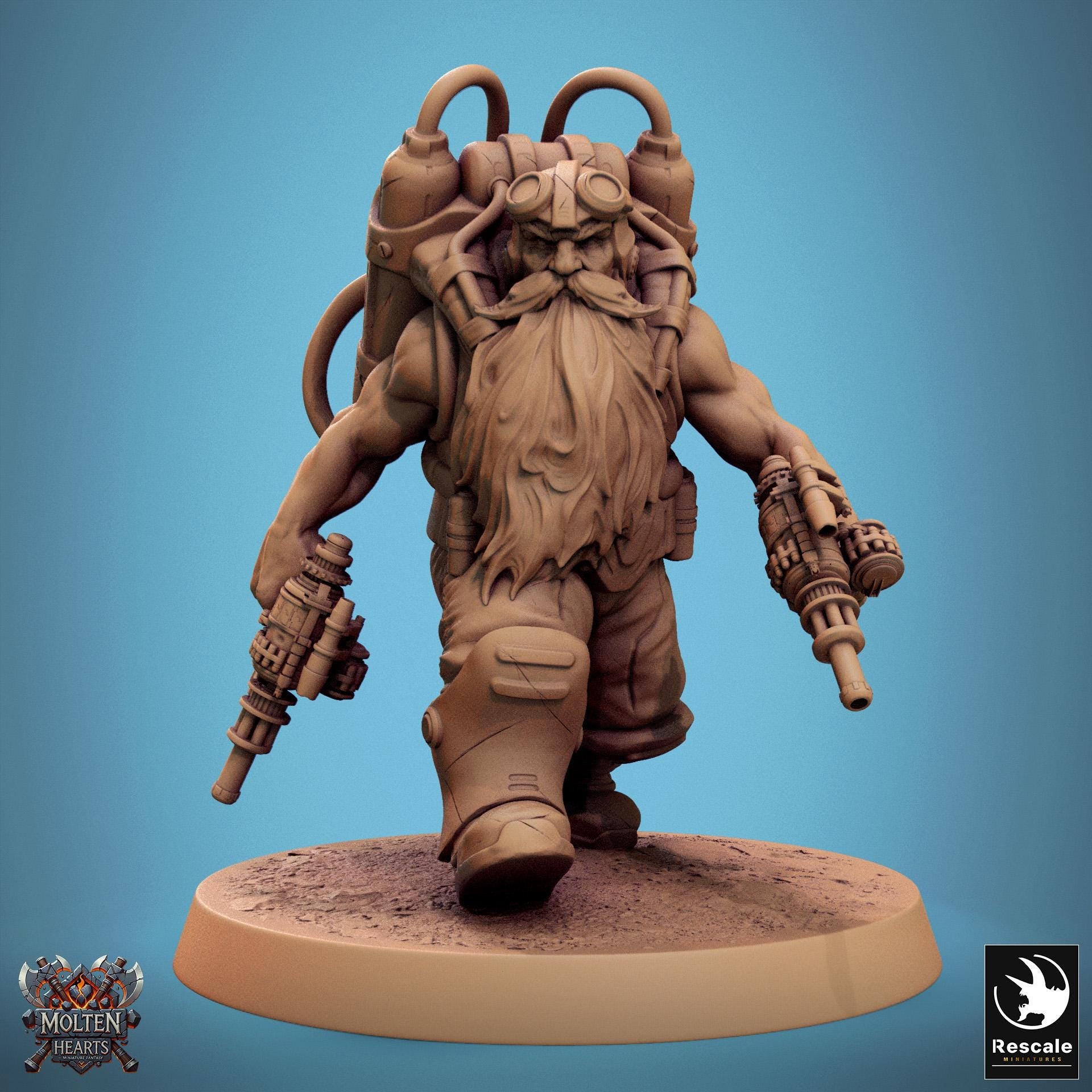 The Dwarf Steampunk gunslinger wields dual intricate pistols, clad in heavy boots and a mechanical backpack. His long beard flows beneath his goggles as he stands ready for battle, a fusion of dwarven grit and advanced steampunk technology.
