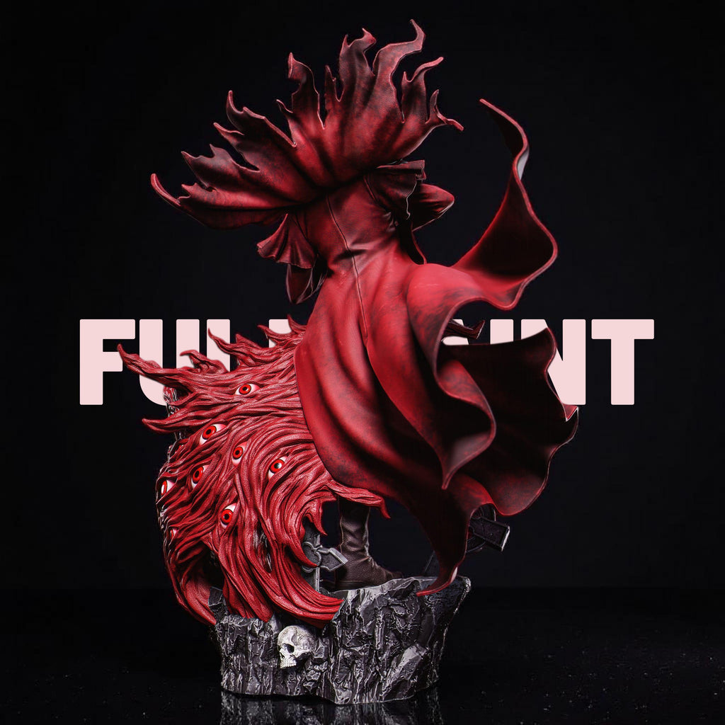 Highly detailed 3D-printed Alucard figurine, depicting a dark, vampire-like warrior in a red coat wielding dual pistols. The figure stands atop a gothic base adorned with skulls and gravestones, surrounded by swirling red demonic energy and snarling beast heads, capturing a dramatic and supernatural atmosphere.