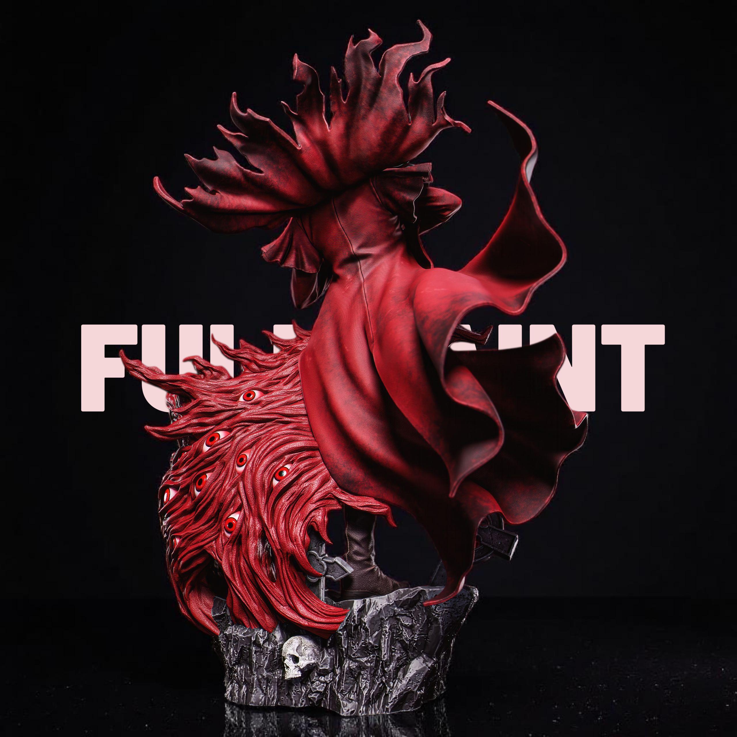 Highly detailed 3D-printed Alucard figurine, depicting a dark, vampire-like warrior in a red coat wielding dual pistols. The figure stands atop a gothic base adorned with skulls and gravestones, surrounded by swirling red demonic energy and snarling beast heads, capturing a dramatic and supernatural atmosphere.