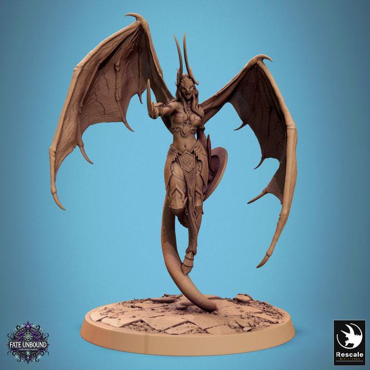 A fierce female cambion with demonic wings, curved horns, and a serpent tail wields a deadly spear and shield. Her armored form exudes power as she stands ready for battle, embodying both beauty and terror in a masterfully sculpted miniature.