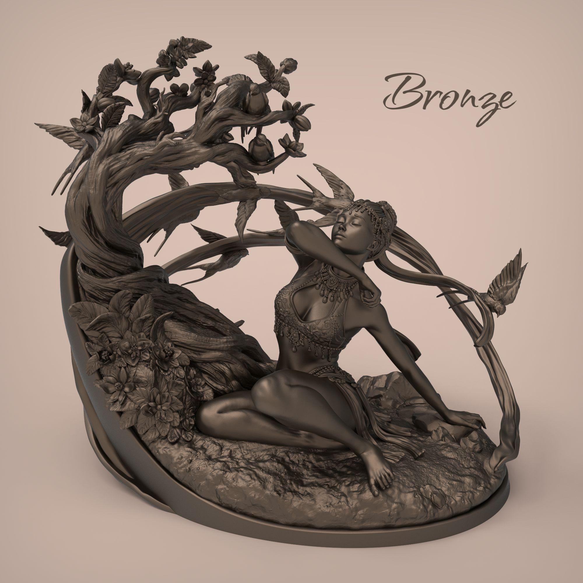 Spring’s Awakening captures a serene goddess embraced by nature as she greets the morning breeze. With flowers blooming around her and birds in flight, this sculpture evokes renewal and harmony. Ideal for fantasy lovers and collectors.