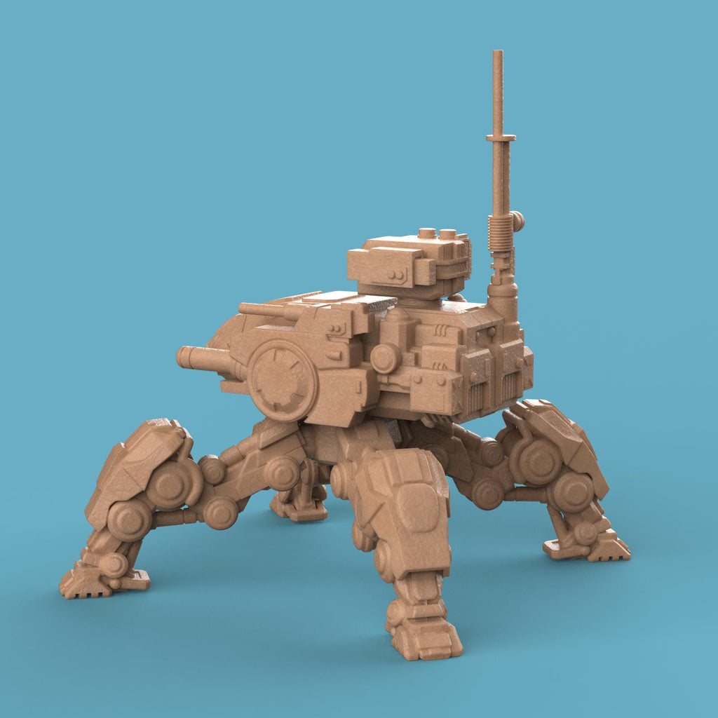 3D-printed Jabal Mech Assault Walker featuring four armored legs, heavy cannons, and radar unit. A detailed futuristic war machine miniature, perfect for tabletop gaming, collectors, and display.