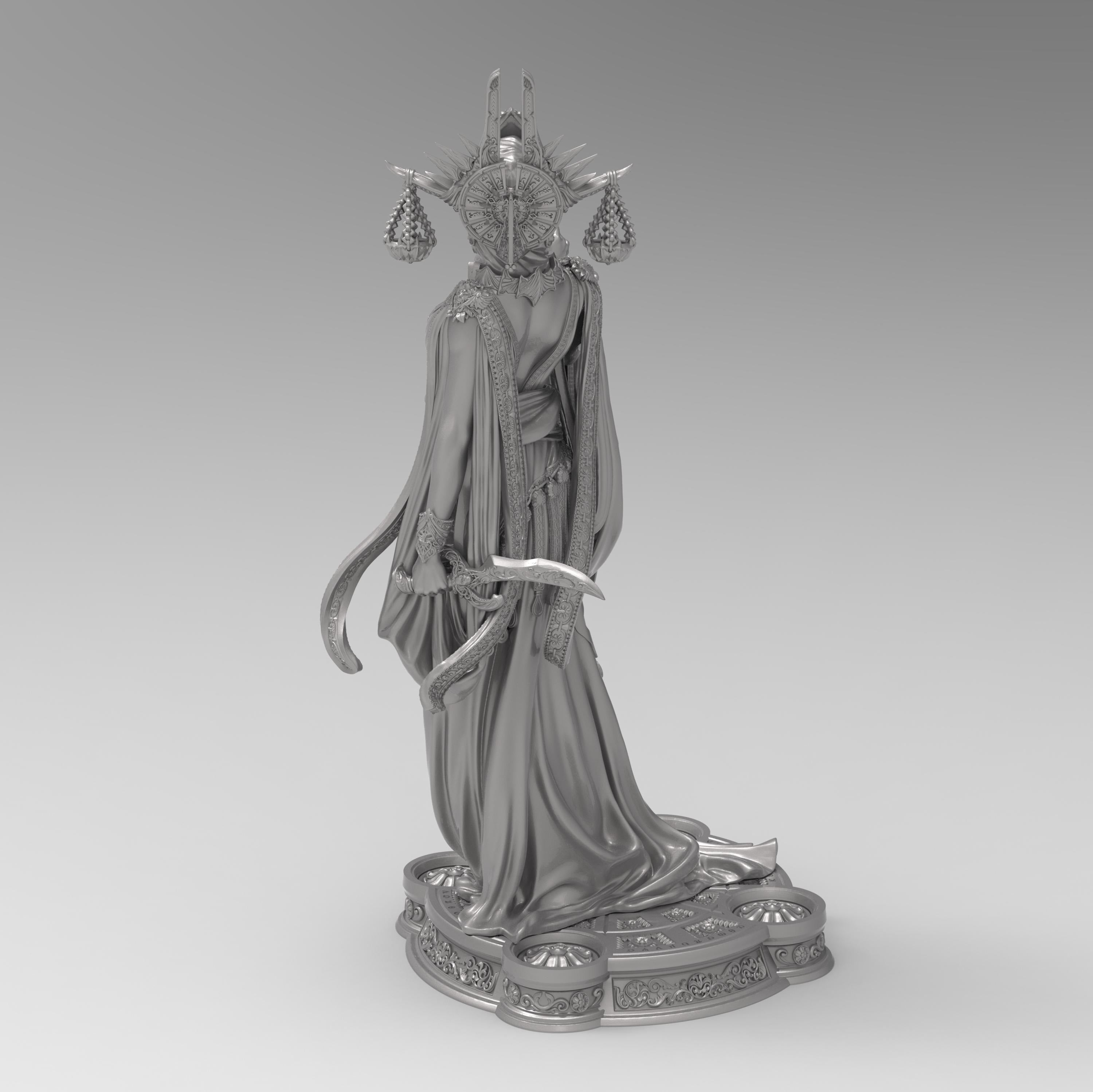 Highly detailed 3D-printed statue of Atropos the Moirai. Depicted in a flowing robe with intricate gold detailing, a veiled face, and an elaborate headdress featuring hanging scales. A stunning display of divine elegance and fate’s embodiment.
