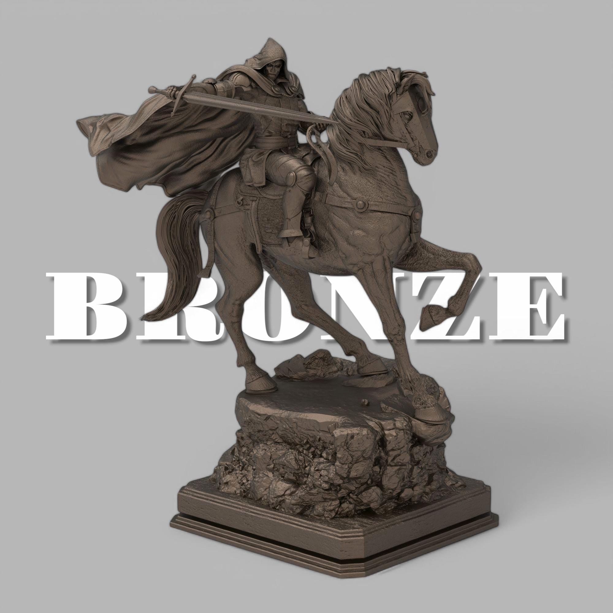 May include: A beige colored statue of a knight riding a horse. The Armored Revenant is wearing a hooded cloak and holding a sword. The horse is standing on a rocky base.