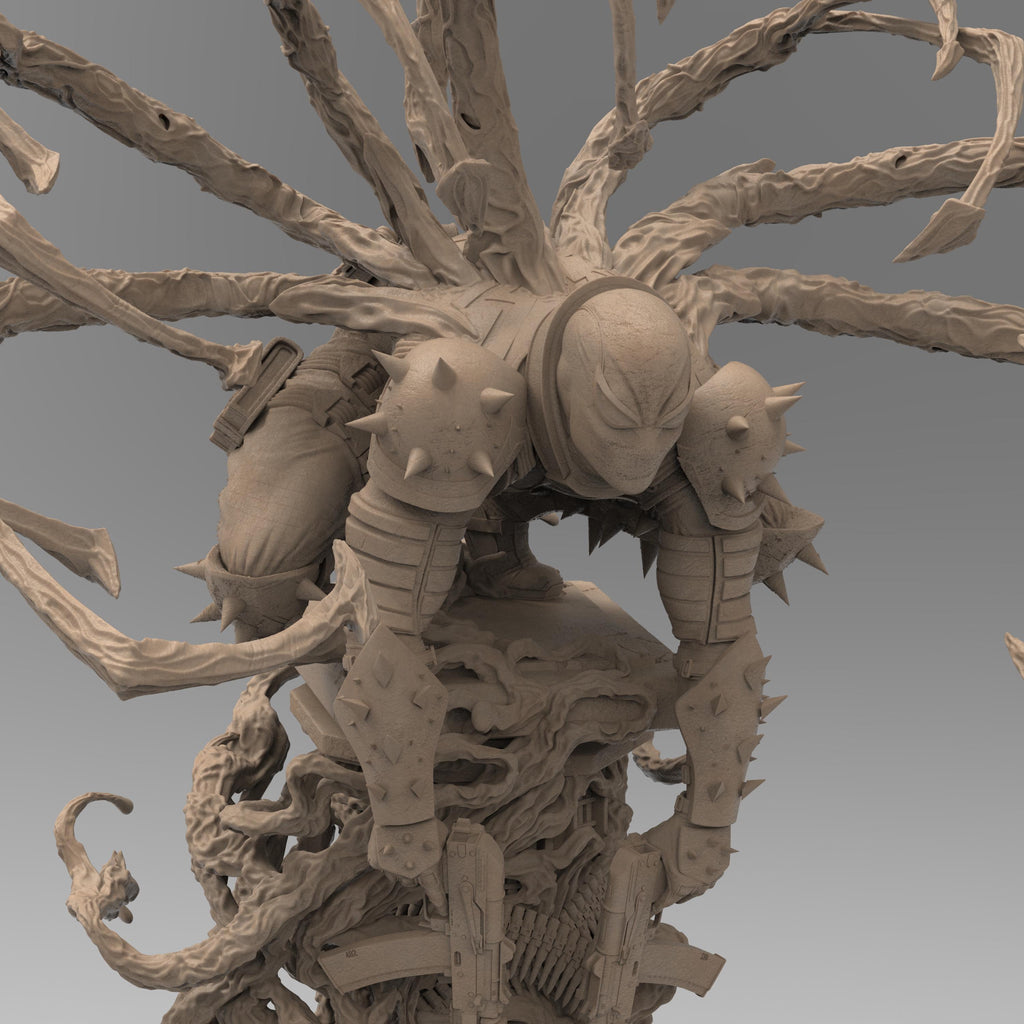 A detailed statue of Venom Agent, posed menacingly atop a chaotic, textured base filled with weaponry and skeletal remains. The figure is covered in spiked armor, with tendrils extending from the back, creating a dynamic and powerful stance.