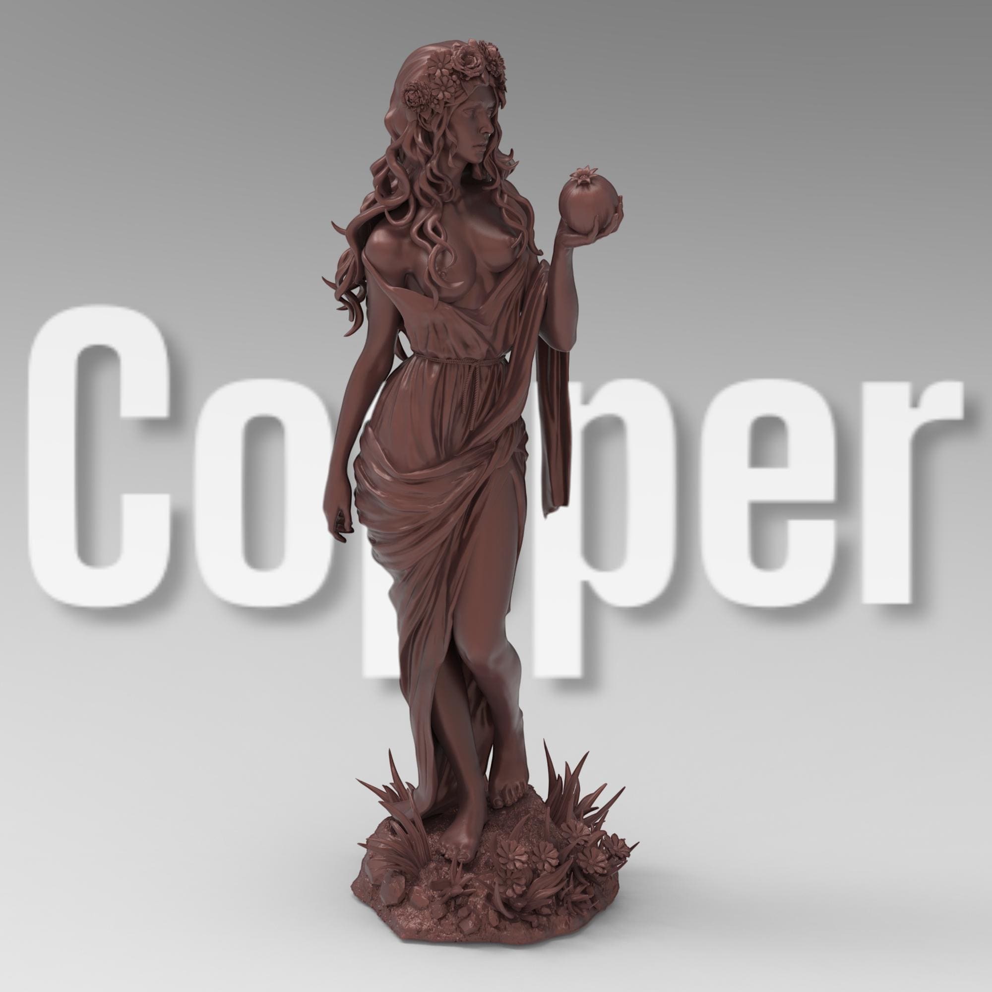 Copper-colored statue of a cowboy on horseback, holding a rope and equipped with a rifle and saddle gear, standing on a rugged base with detailed textures.