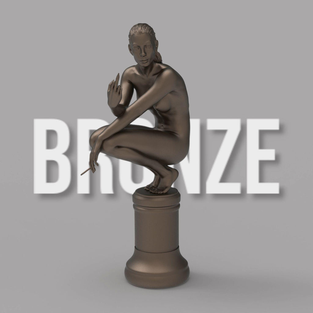 A nude woman squats on a chess piece pedestal, flipping her middle finger while holding a cigarette. Her defiant expression blends classical and modern art styles.