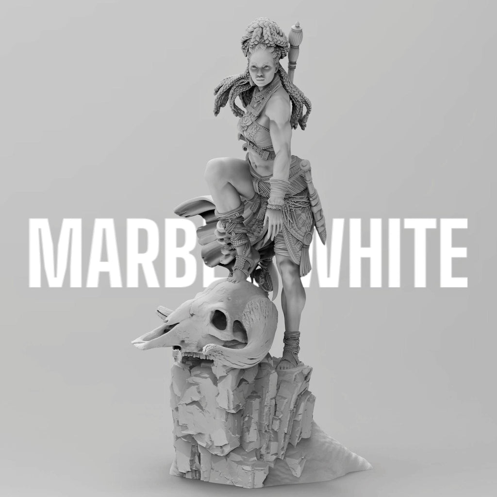 Elzebe, the Warrior Queen, stands atop a rocky skull, exuding strength and regality. Clad in intricate armor, her braided hair flows as she surveys the battlefield. A fierce leader, she embodies resilience and power, a true queen of war and legend.