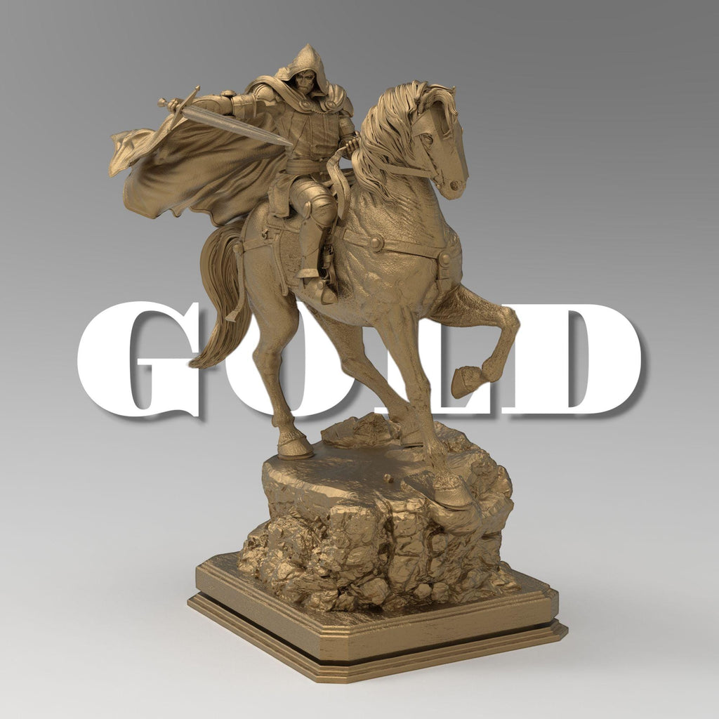 May include: A beige colored statue of a knight riding a horse. The Armored Revenant is wearing a hooded cloak and holding a sword. The horse is standing on a rocky base.