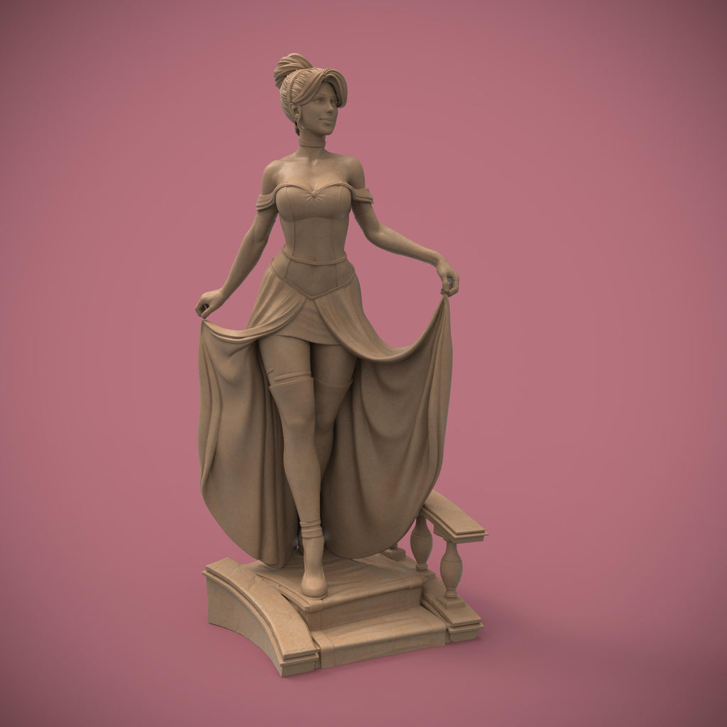 A bold reimagination of the classic princess, this stunning Elaria the Princess of Moonlight statuette blends elegance and seduction. With delicate details from her flowing dress to thigh-high stockings and glass slippers, she steps confidently down the royal stairs—one garter and lost shoe away from a fairytale twist.