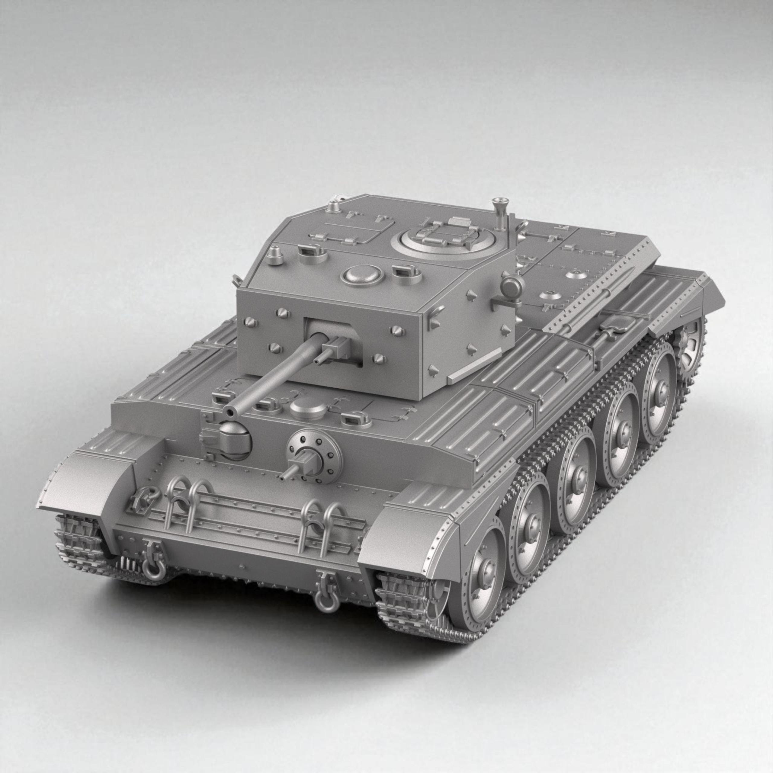3D model of the British Cruiser Mk IV tank, featuring detailed armor plating, riveted turret, and six road wheels per side, shown in both matte dark and metallic silver finishes.