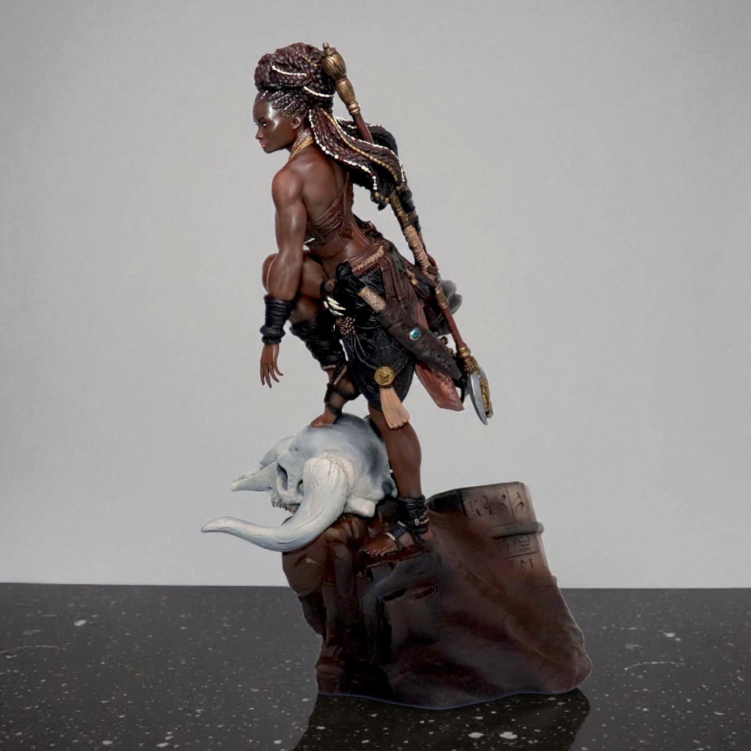 Elzebe, the Warrior Queen, stands atop a rocky skull, exuding strength and regality. Clad in intricate armor, her braided hair flows as she surveys the battlefield. A fierce leader, she embodies resilience and power, a true queen of war and legend.