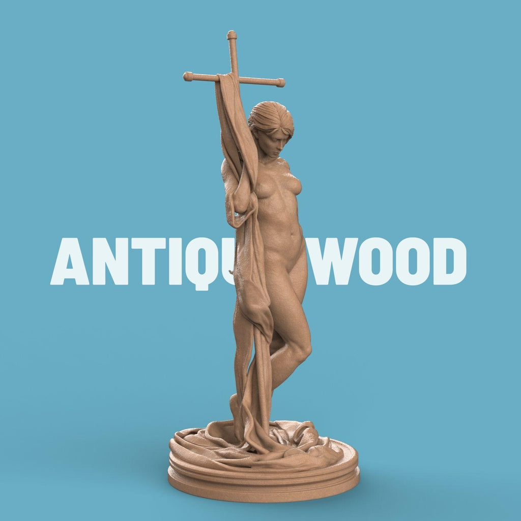 3D-printed Helga statue featuring a graceful nude female figure posed beside a large cross-draped cloth, standing on a textured circular base. Elegant and artistic collectible sculpture, ideal for home décor or display.
