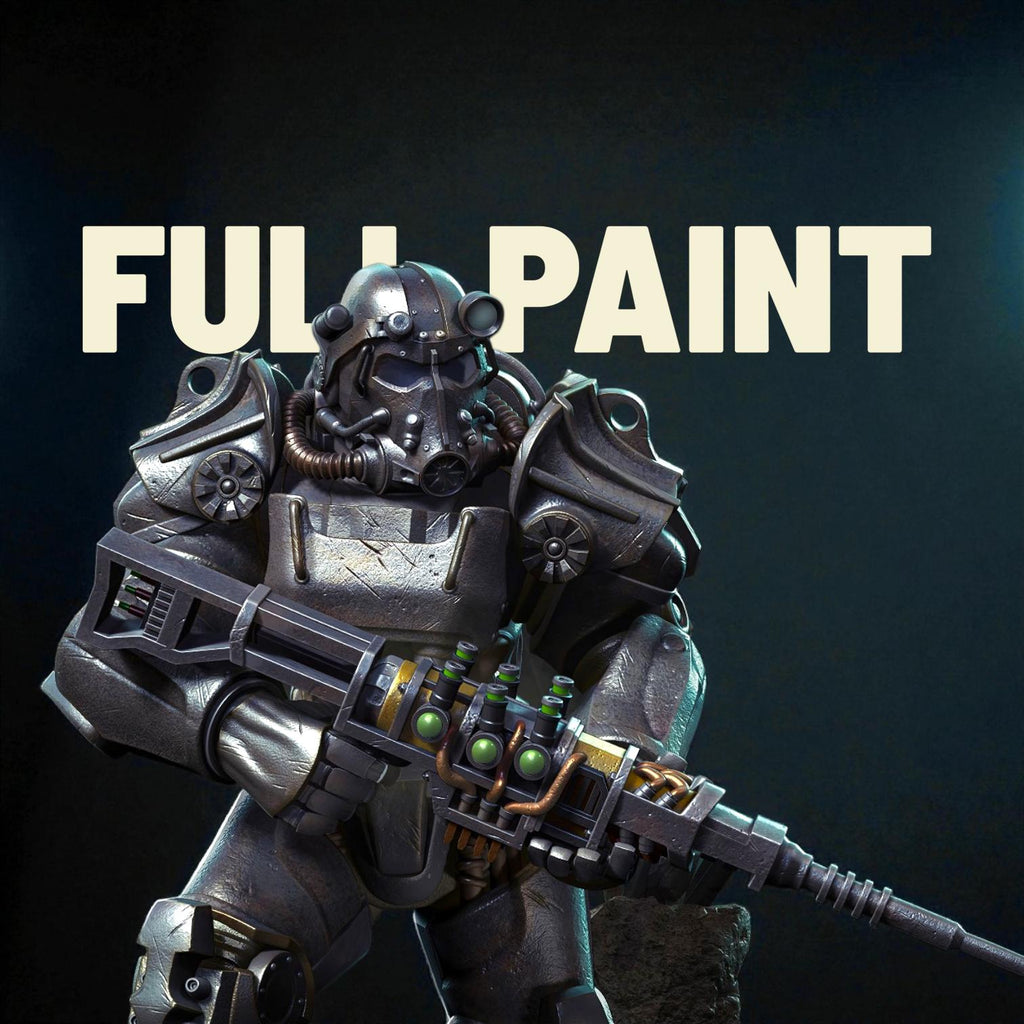 3D-printed T-60 Power Armor figurine featuring a heavily armored soldier standing on a rocky base. The detailed design showcases metallic plating, mechanical joints, and a futuristic energy weapon — a perfect collectible for sci-fi fans and post-apocalyptic enthusiasts.