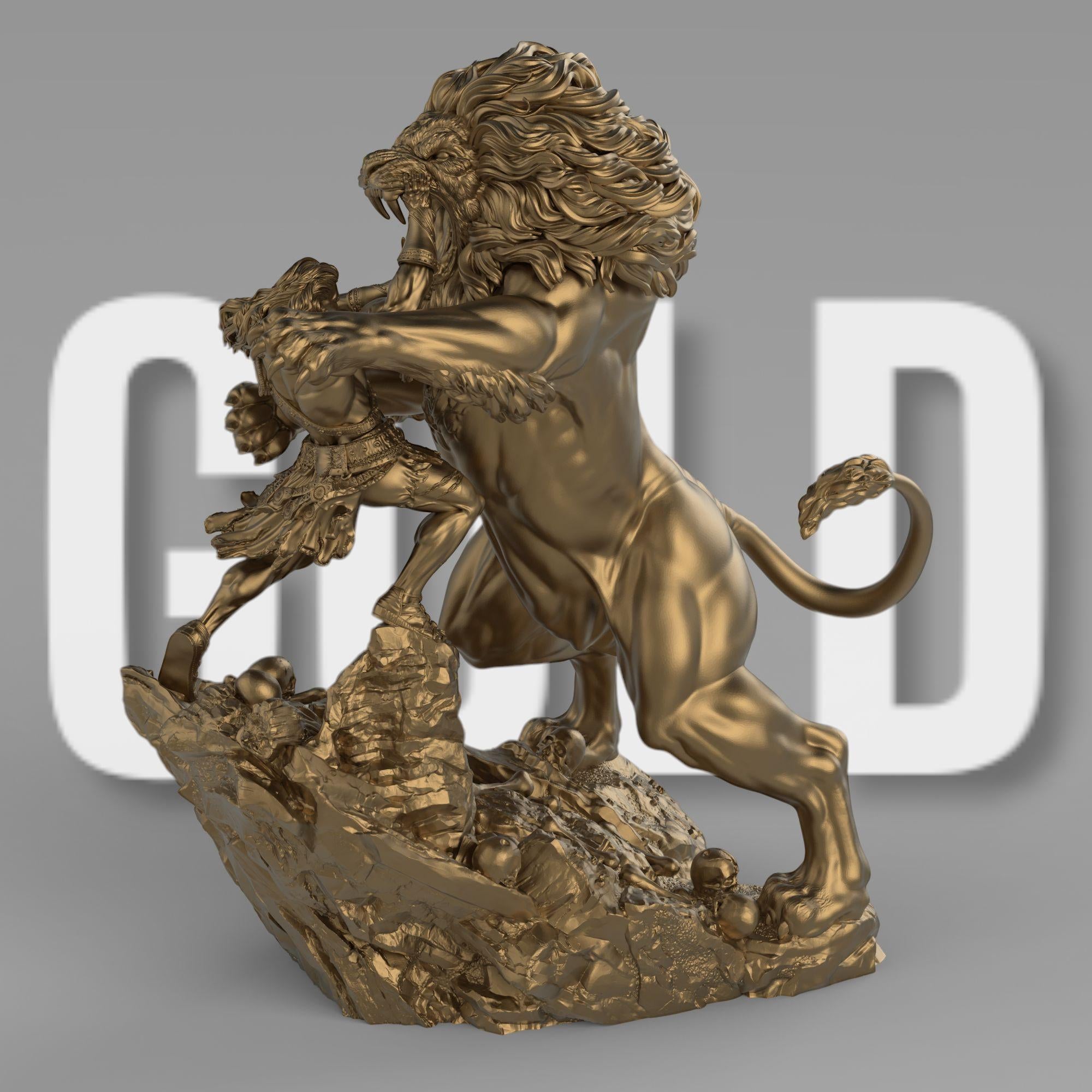 A sculpture of Heracles wrestling the Nemean Lion. The muscular hero grips the lion’s jaw, showcasing his strength. The beast’s mane is intricately detailed, and the rocky base features skulls. A dynamic and intense mythological scene.