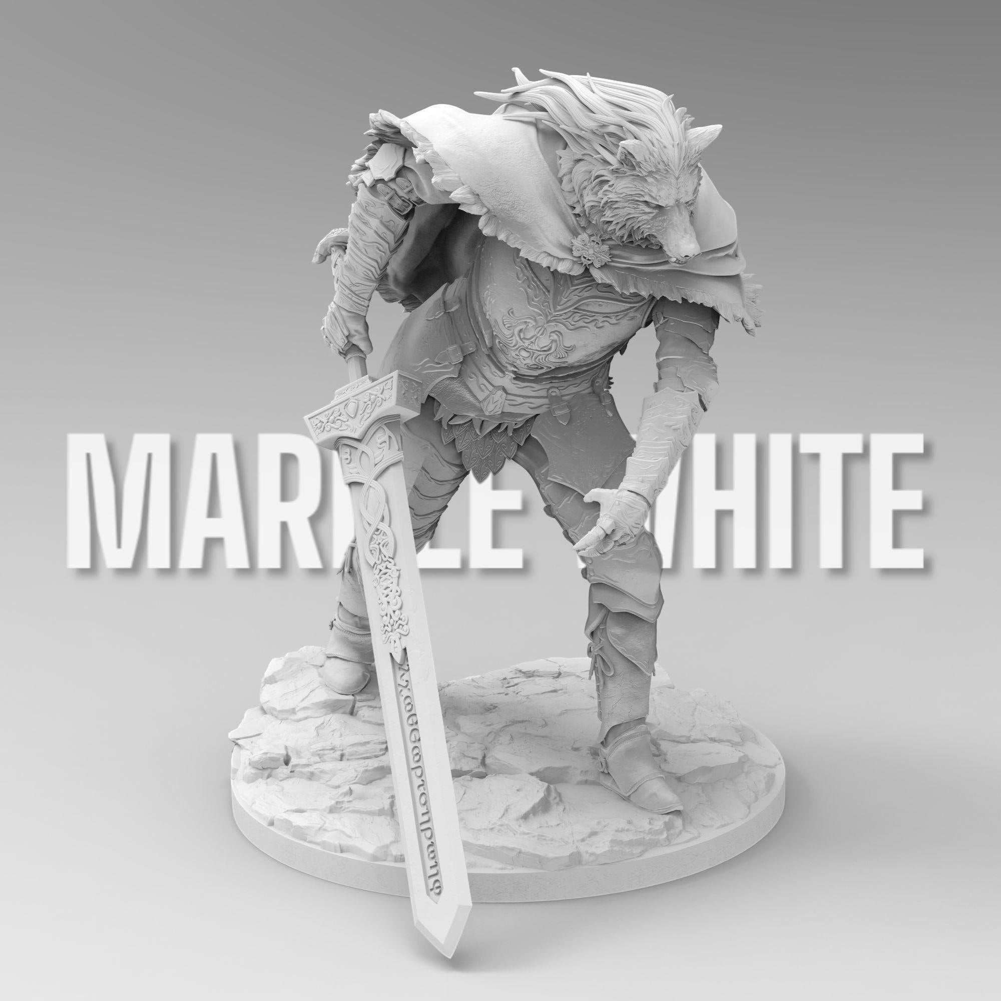 3D-printed figure of Blaidd from Elden Ring, capturing his wolf-like features and imposing armor. Standing tall with a fierce expression, this statue embodies the half-wolf warrior&#39;s noble and loyal nature, sword drawn and ready for battle.