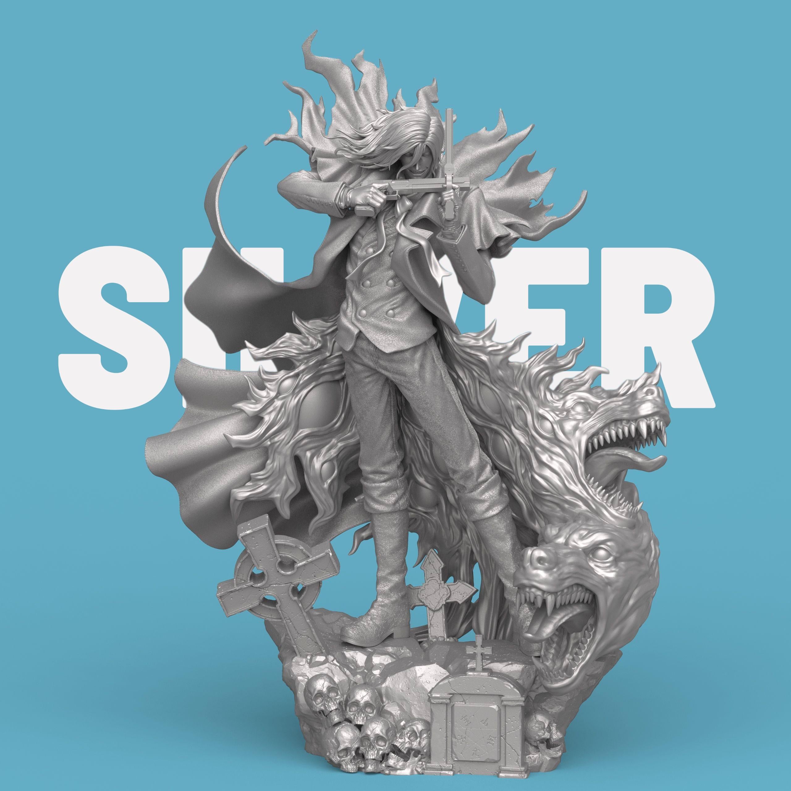 Highly detailed 3D-printed Alucard figurine, depicting a dark, vampire-like warrior in a red coat wielding dual pistols. The figure stands atop a gothic base adorned with skulls and gravestones, surrounded by swirling red demonic energy and snarling beast heads, capturing a dramatic and supernatural atmosphere.