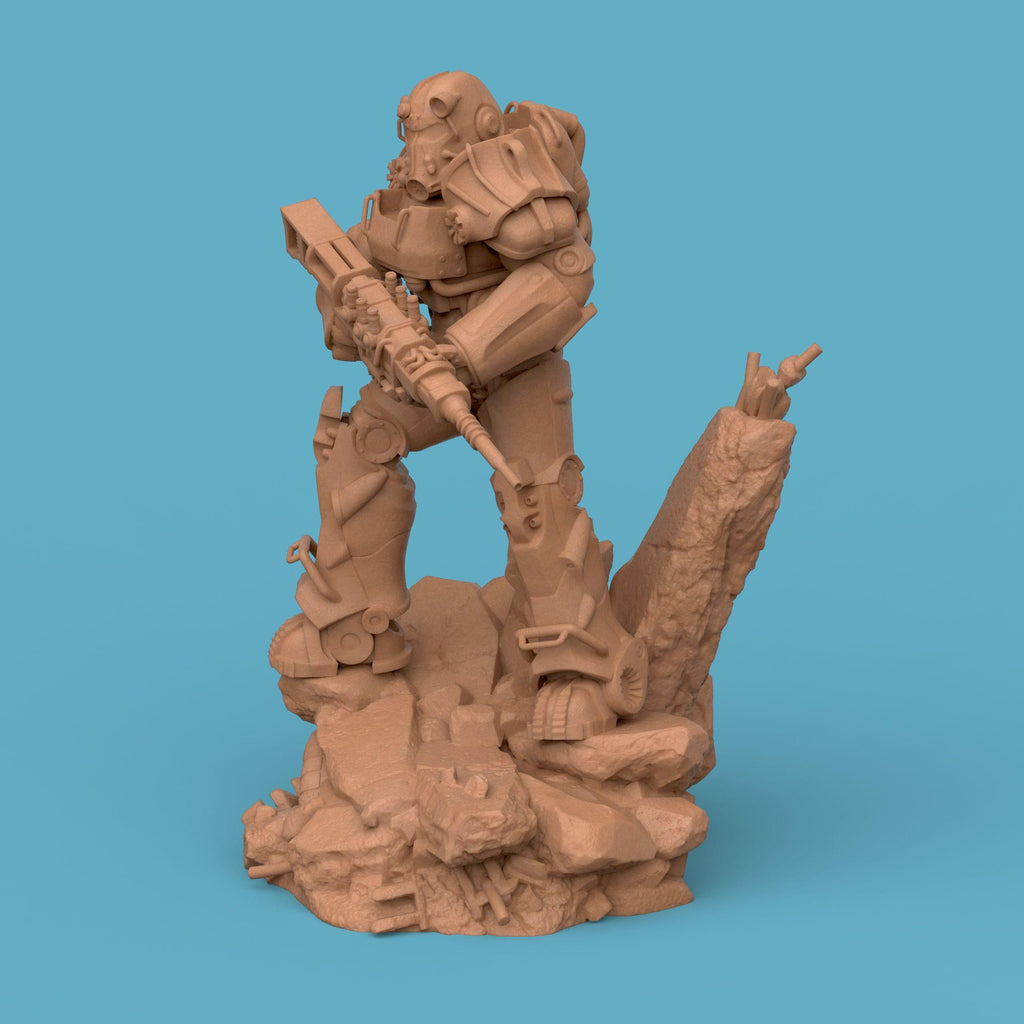 3D-printed T-60 Power Armor figurine featuring a heavily armored soldier standing on a rocky base. The detailed design showcases metallic plating, mechanical joints, and a futuristic energy weapon — a perfect collectible for sci-fi fans and post-apocalyptic enthusiasts.