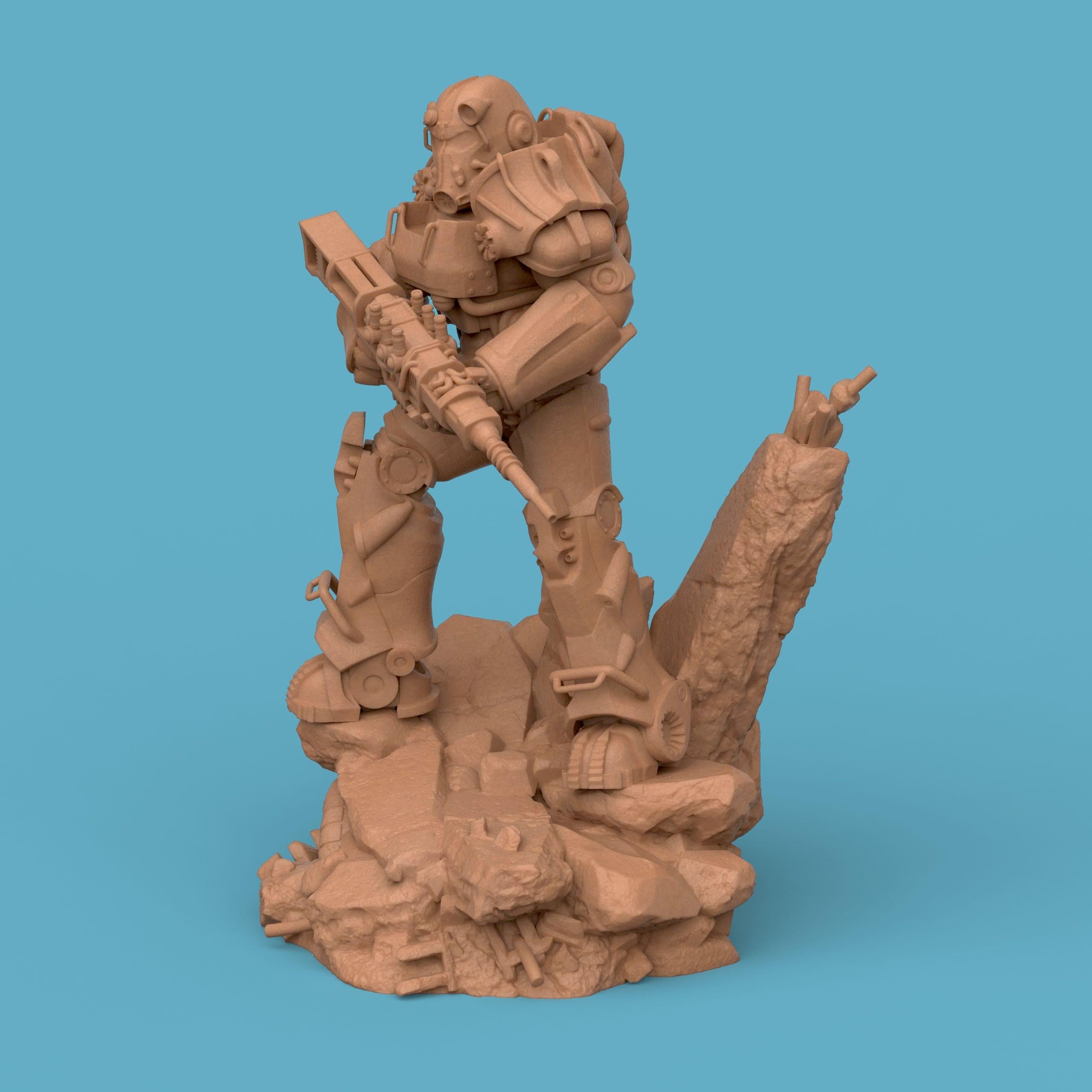 3D-printed T-60 Power Armor figurine featuring a heavily armored soldier standing on a rocky base. The detailed design showcases metallic plating, mechanical joints, and a futuristic energy weapon — a perfect collectible for sci-fi fans and post-apocalyptic enthusiasts.