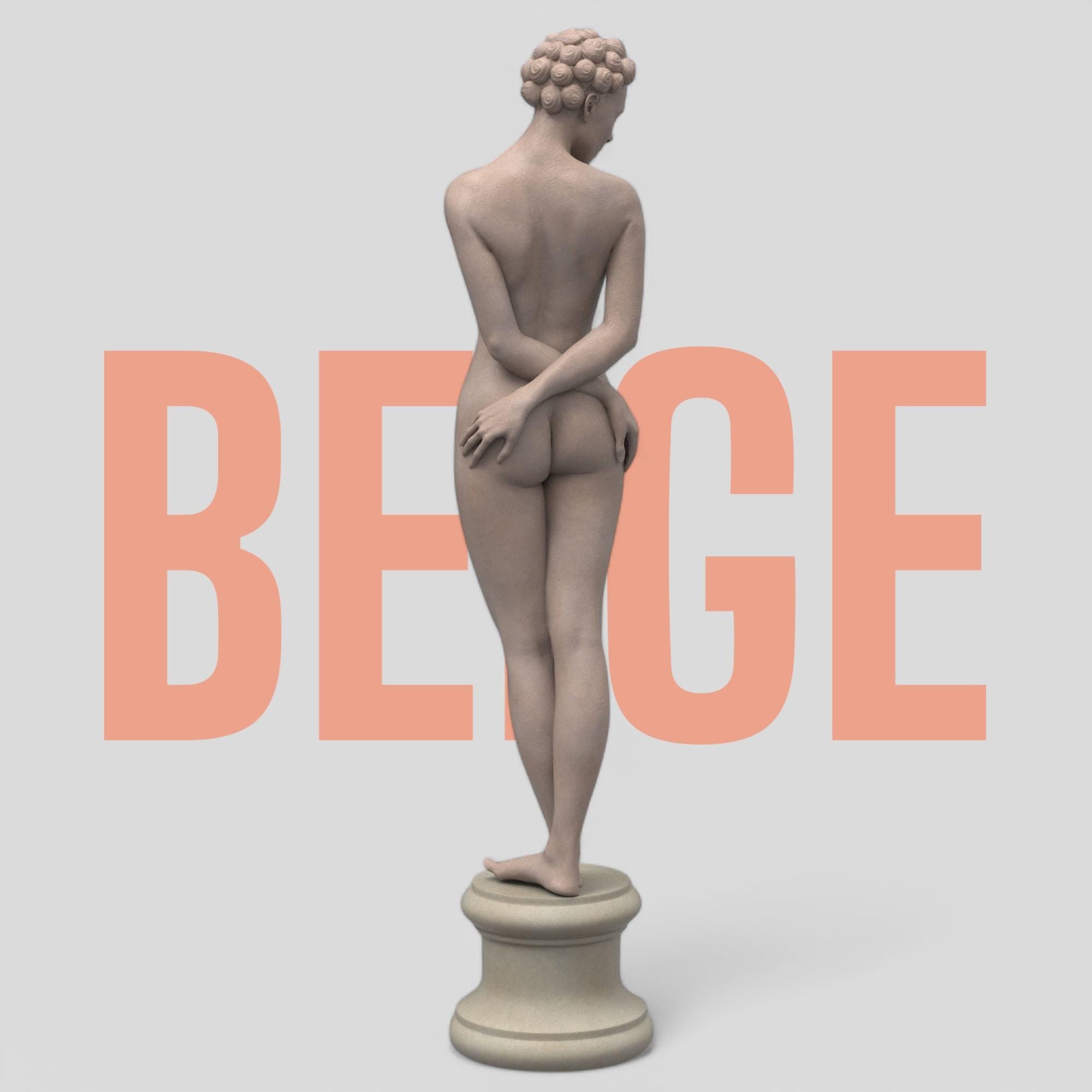 Elegant minimalist sculpture of a nude woman with vintage hair rollers, posed shyly on a round pedestal. “The Woman X” combines classical grace and modern rebellion in one striking collectible.