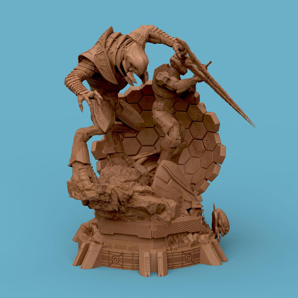 3D-printed diorama featuring the Arbiter and Master Chief locked in battle, captured in dynamic motion. The detailed scene showcases the two armored warriors clashing atop a sci-fi terrain with glowing energy blades and futuristic textures, embodying heroism, rivalry, and cinematic intensity — a perfect collectible for sci-fi fans and gamers.