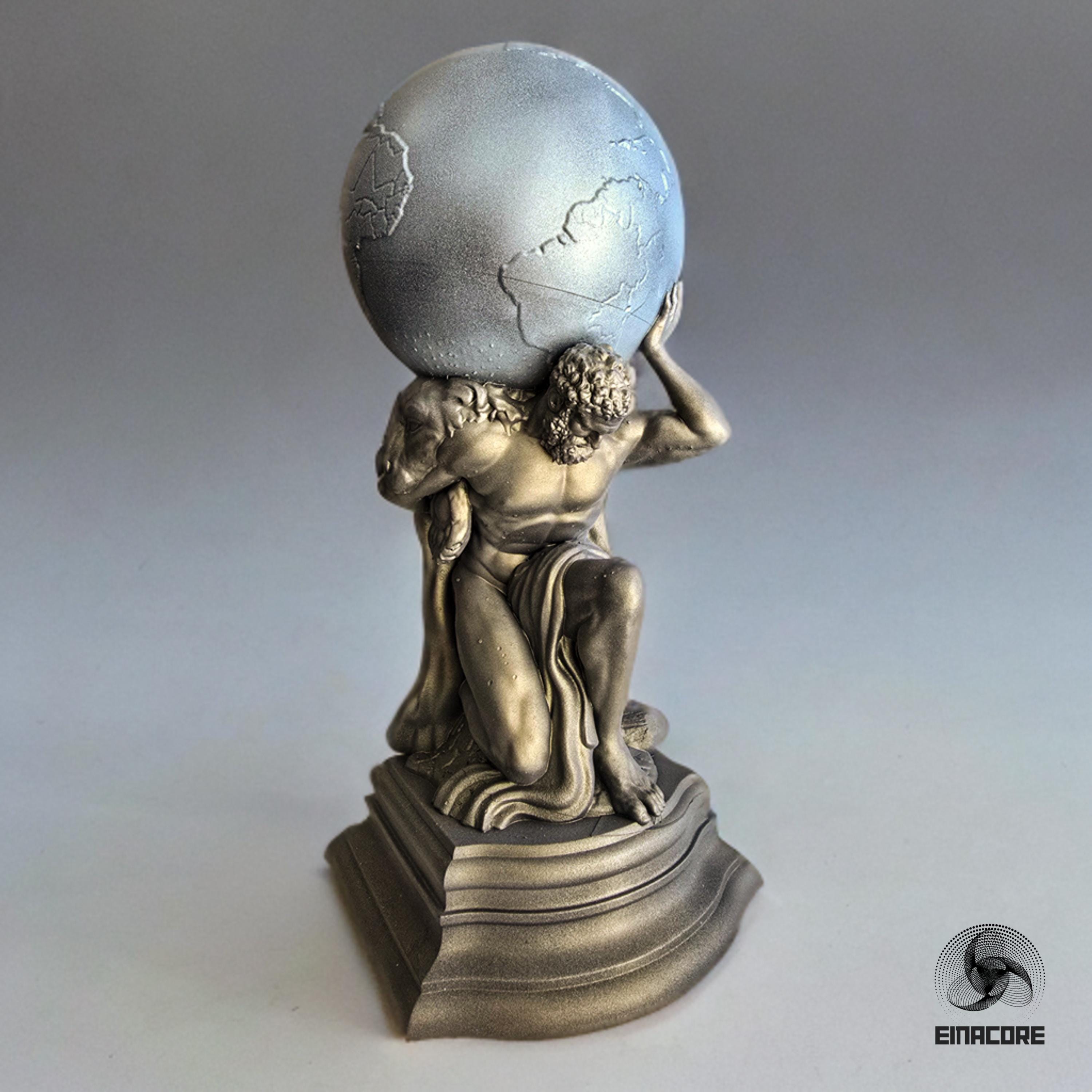 A detailed figurine of Atlas carrying the globe on his shoulders, showcasing a classic mythological design with intricate bronze and silver tones, displayed on a pedestal base.