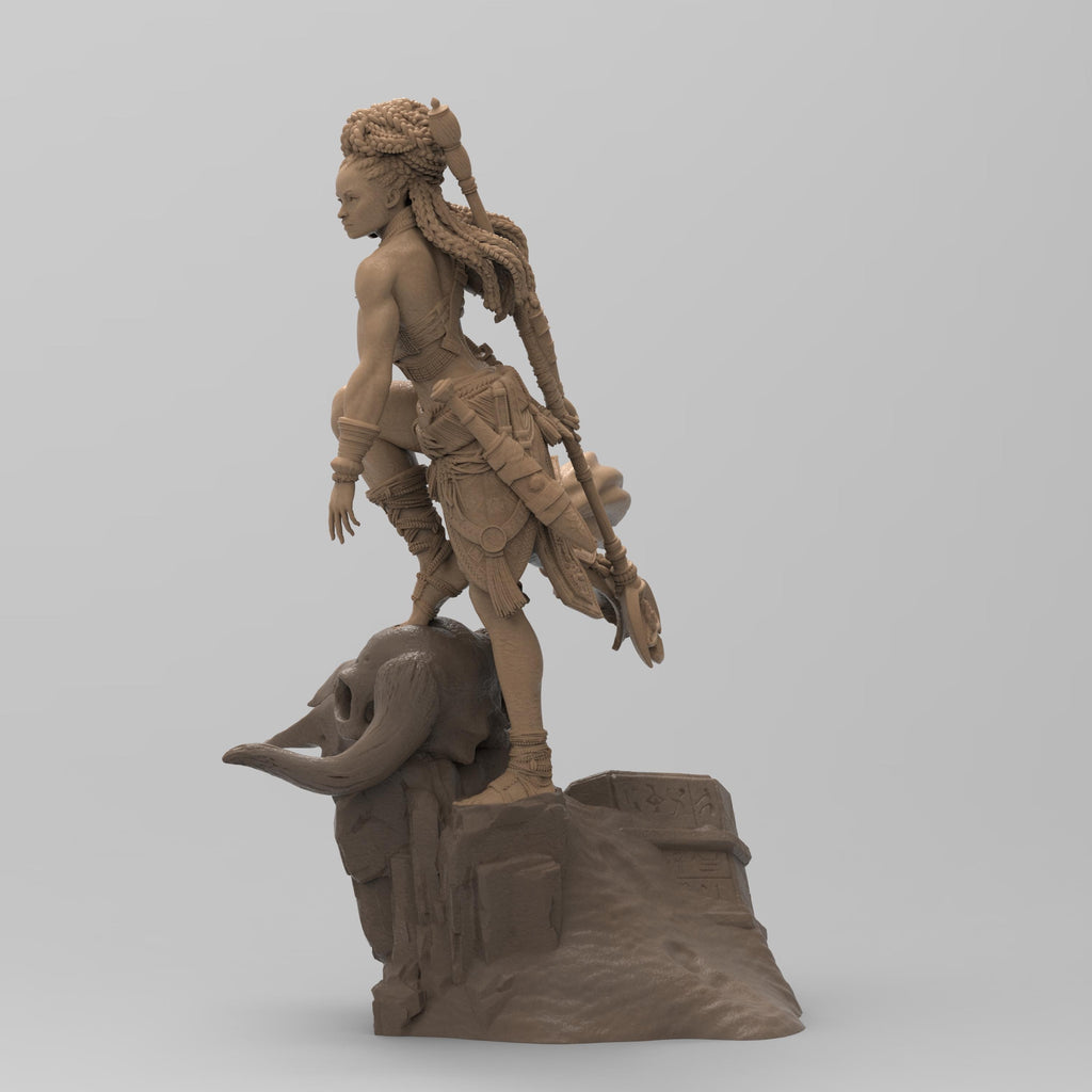 Elzebe, the Warrior Queen, stands atop a rocky skull, exuding strength and regality. Clad in intricate armor, her braided hair flows as she surveys the battlefield. A fierce leader, she embodies resilience and power, a true queen of war and legend.