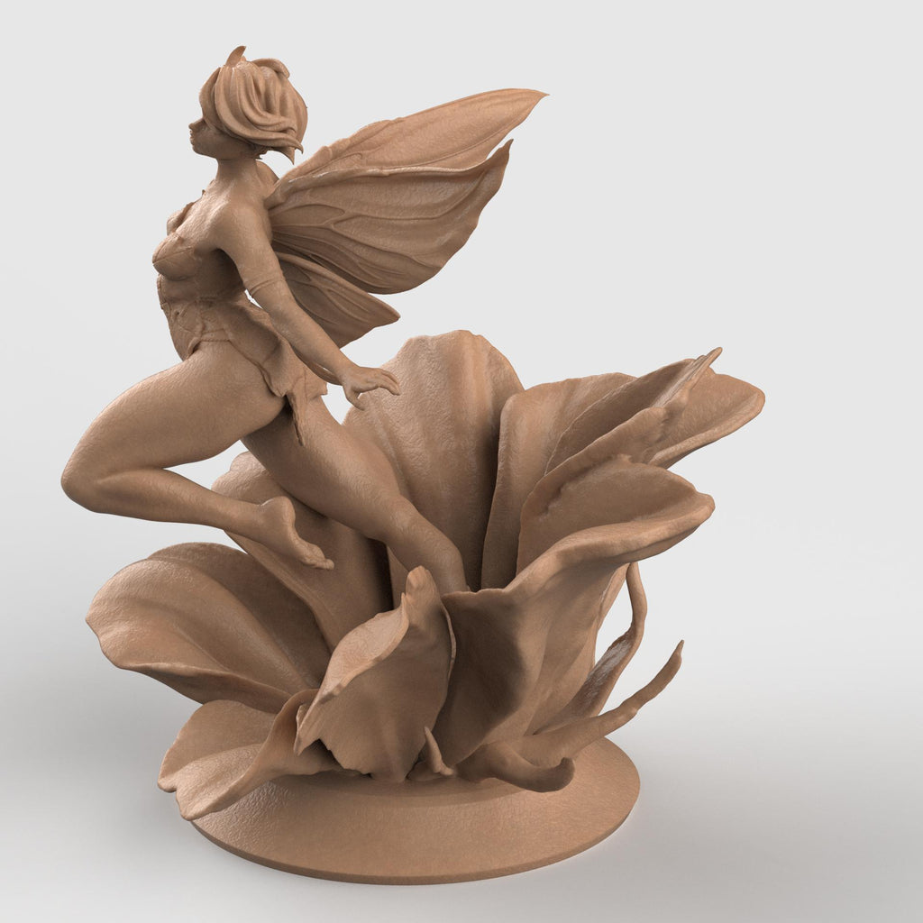 3D-printed figurine of a graceful fairy with delicate wings, poised elegantly atop a blooming flower. The fairy’s flowing form and detailed floral base highlight fantasy artistry, making it a stunning collectible or home décor piece.